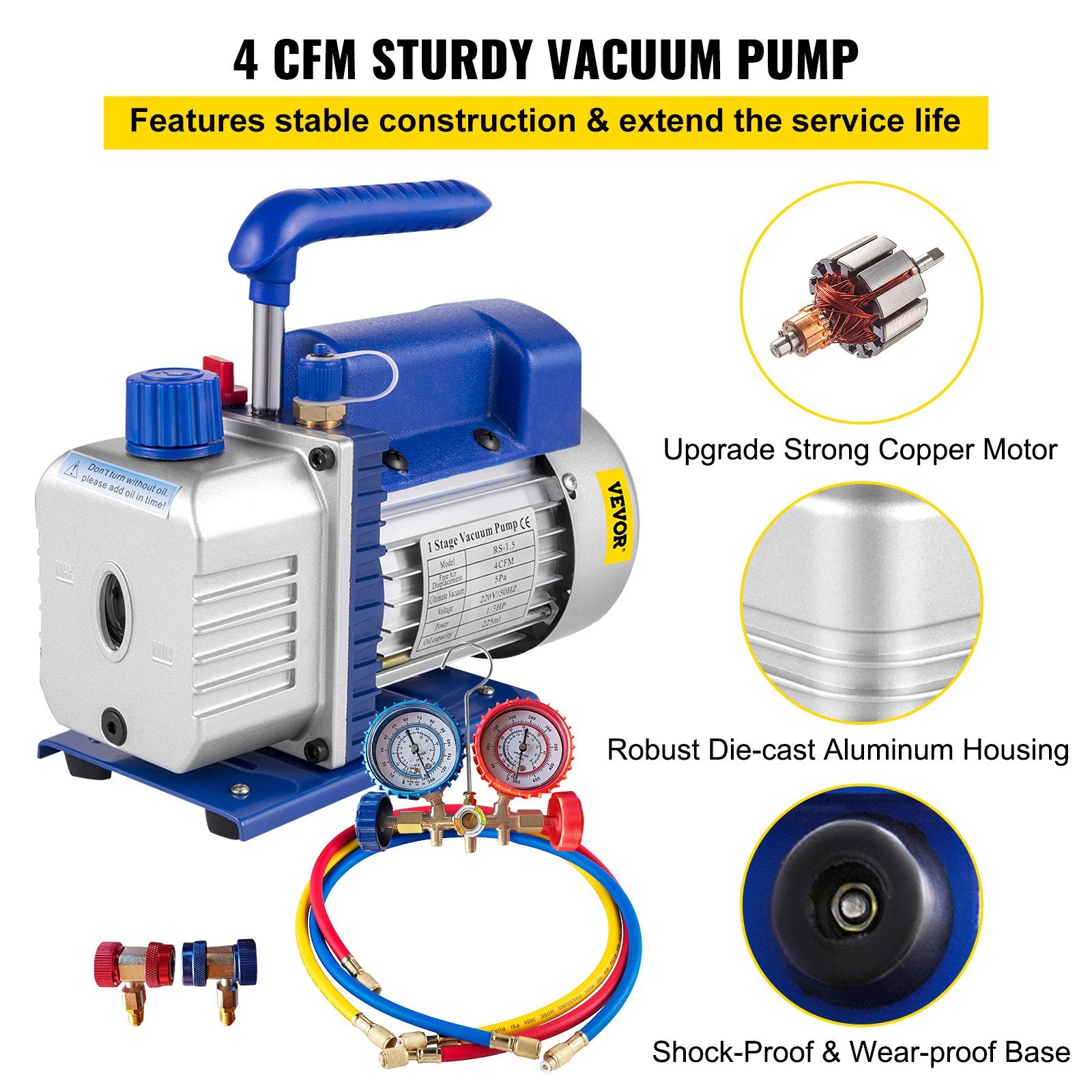 Automotive Cleaning: Vevor 4CFM 1/4HP Rotary Vane Vacuum Pump + R134AManifold Gauge Tester Charging +Hose