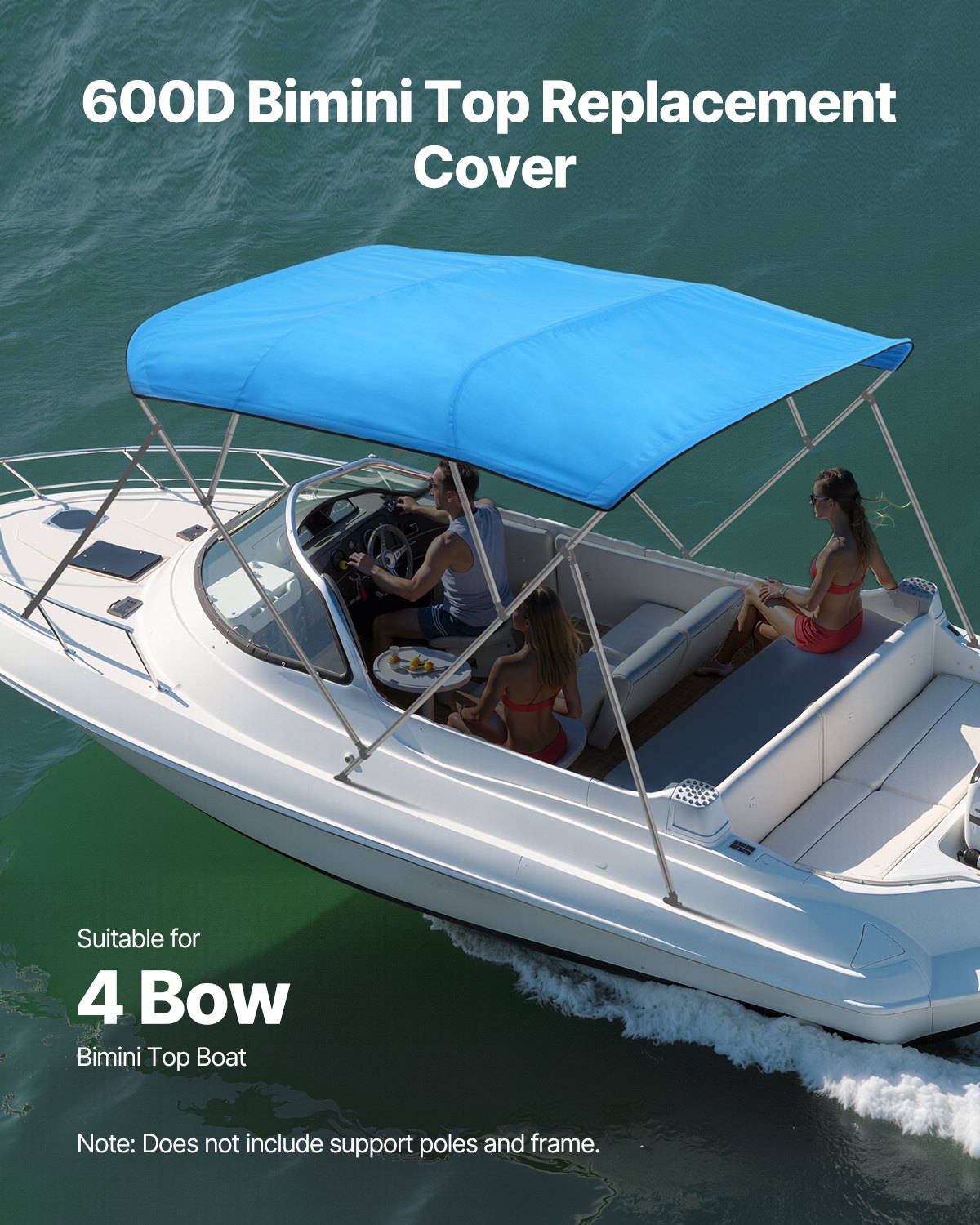 Laminators: VEVOR 4 Bow Boat Bimini Tops, 600D Polyester Canopy, Waterproof & Sun Protection Boat Awning Canopy with Storage Bag, Bimini Top Replacement, 96"Lx(91"-96")W, Pacific Blue (Support Frame Not Included)
