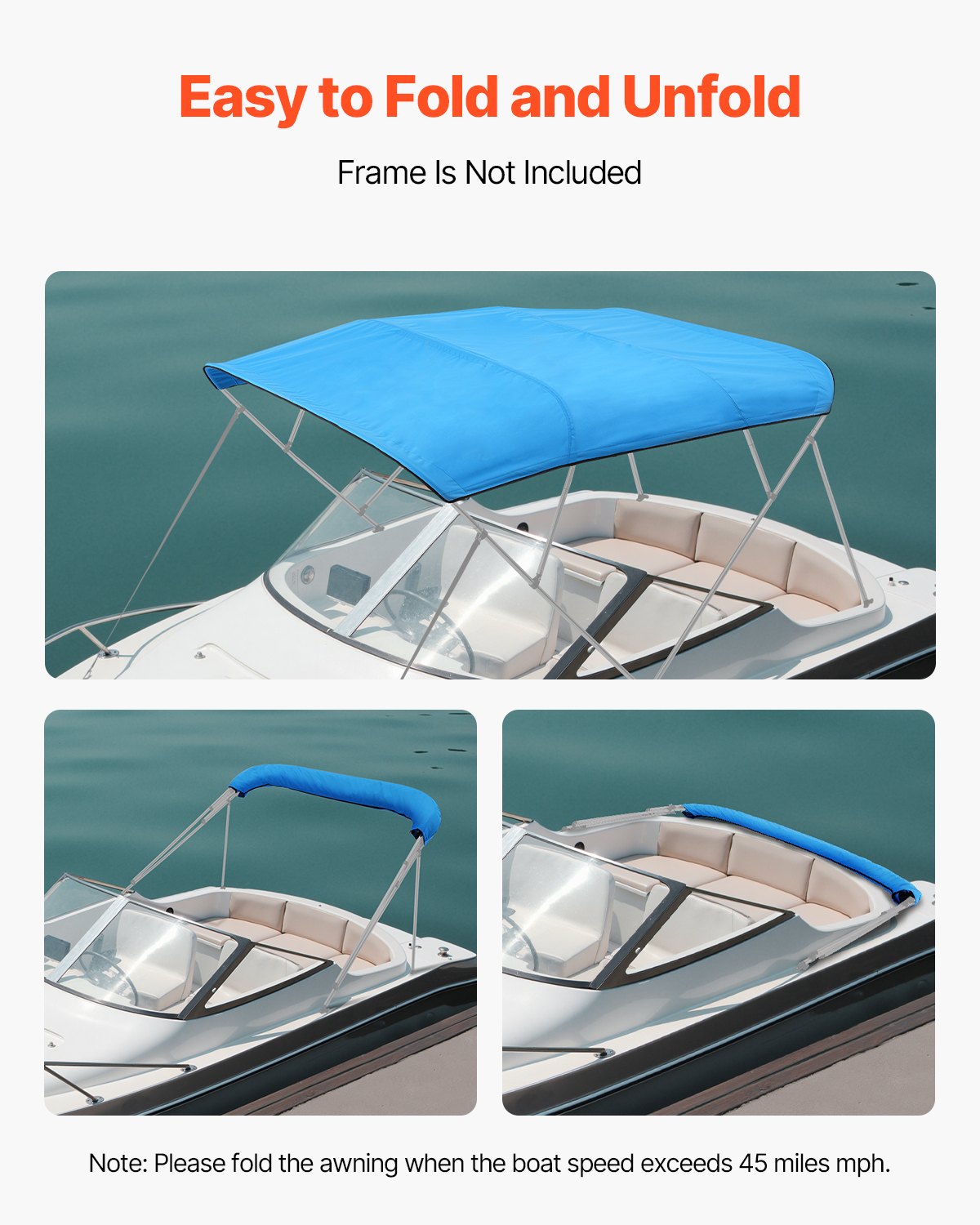Laminators: VEVOR 4 Bow Boat Bimini Tops, 600D Polyester Canopy, Waterproof & Sun Protection Boat Awning Canopy with Storage Bag, Bimini Top Replacement, 96"Lx(91"-96")W, Pacific Blue (Support Frame Not Included)
