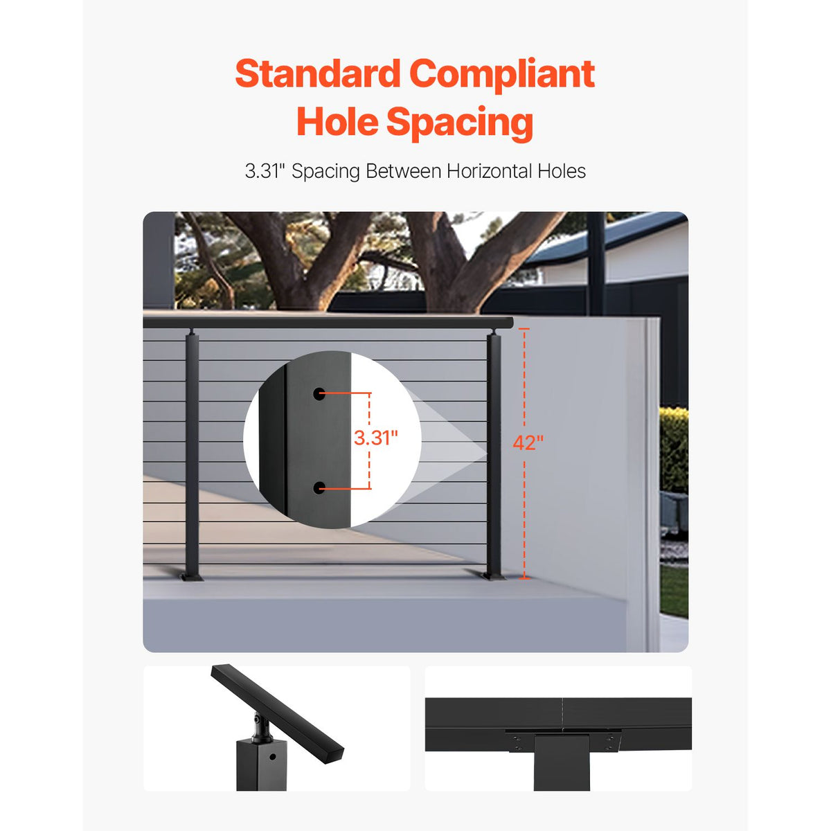 4-Pack Cable Railing Post, 1067x25x50 mm Horizontal-Hole Deck Railing Post with Pre-Drilled Holes, Stainless Steel Cable Rail Post with Horizontal and Curved Bracket, Black, 4JZLGZXHS106REP67001V0