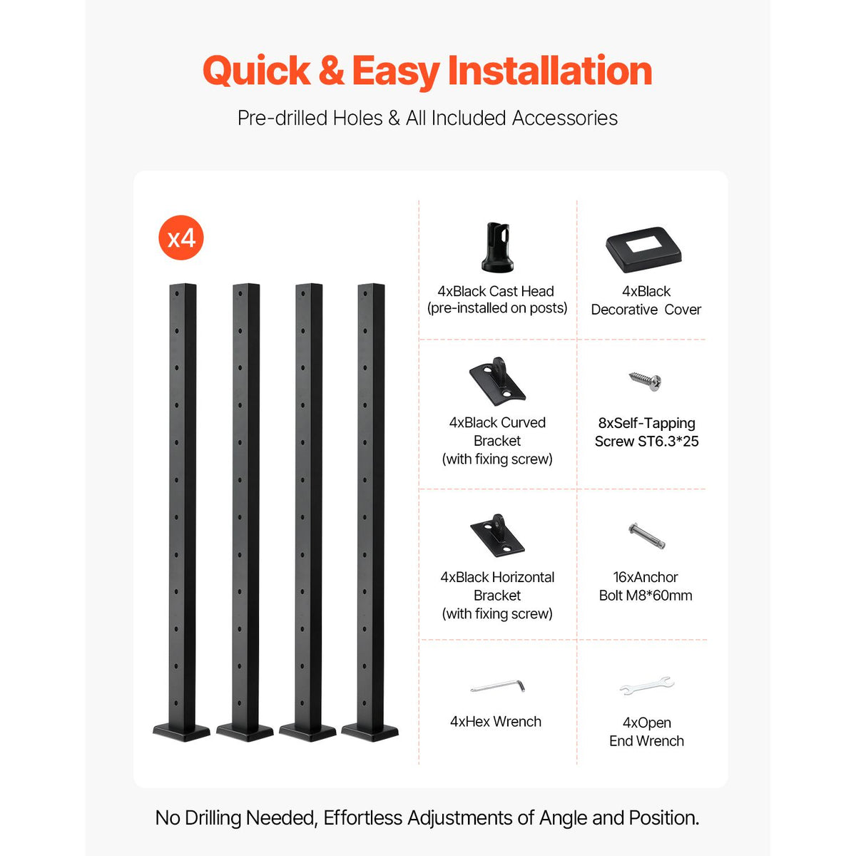 4-Pack Cable Railing Post, 1067x25x50 mm Horizontal-Hole Deck Railing Post with Pre-Drilled Holes, Stainless Steel Cable Rail Post with Horizontal and Curved Bracket, Black, 4JZLGZXHS106REP67001V0
