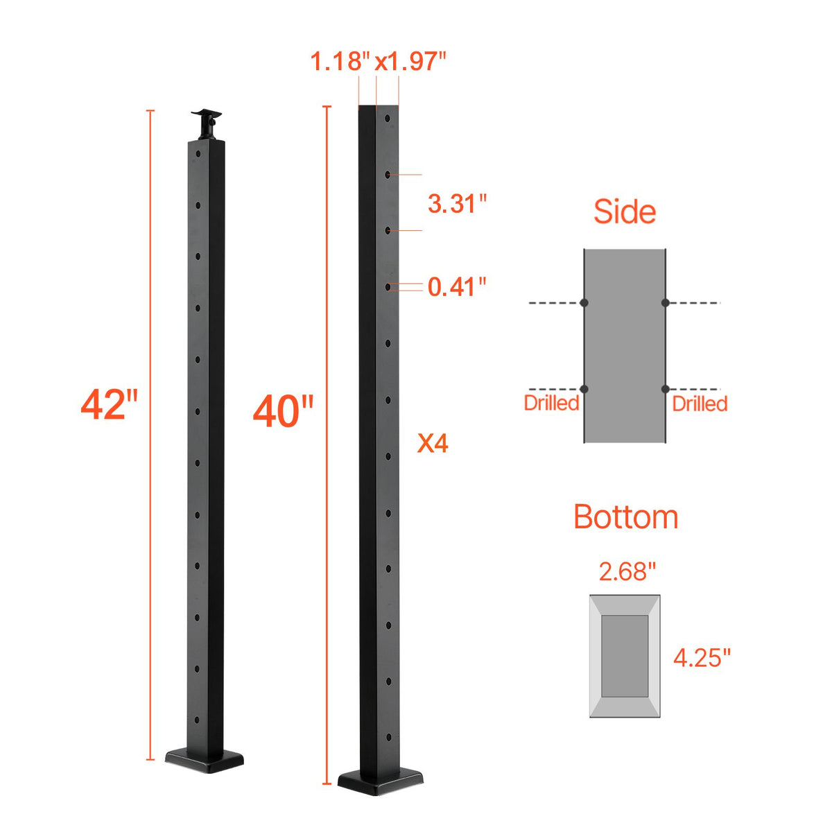 4-Pack Cable Railing Post, 1067x25x50 mm Horizontal-Hole Deck Railing Post with Pre-Drilled Holes, Stainless Steel Cable Rail Post with Horizontal and Curved Bracket, Black, 4JZLGZXHS106REP67001V0