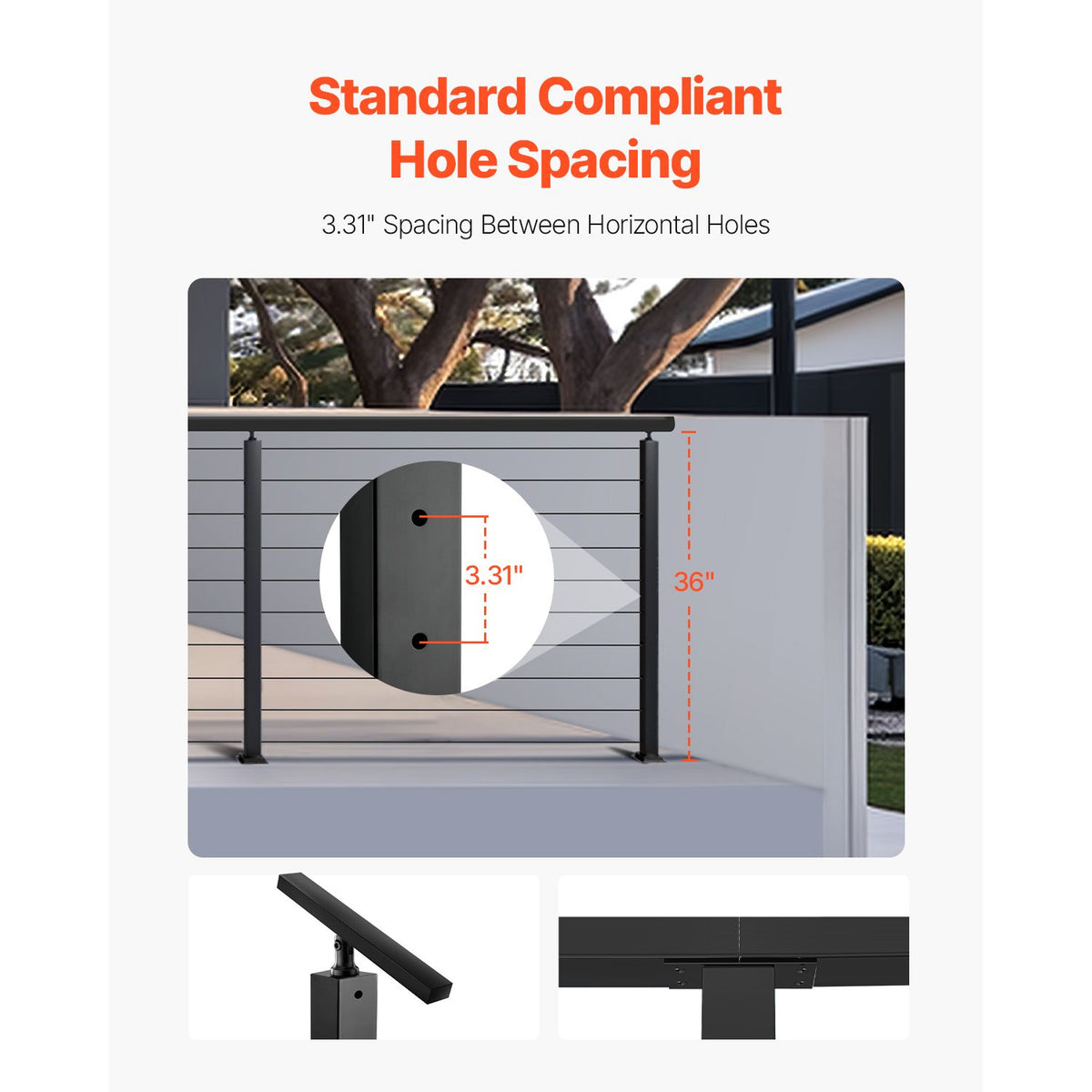 4-Pack Cable Railing Post, 914x25x50 mm Horizontal-Hole Deck Railing Post with Pre-Drilled Holes, Stainless Steel Cable Rail Post with Horizontal & Curved Bracket, Black, 4JZLGZXHS914UUOI6001V0