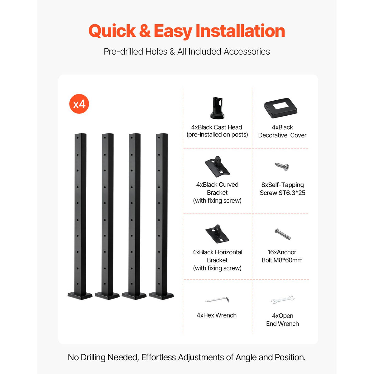 4-Pack Cable Railing Post, 914x25x50 mm Horizontal-Hole Deck Railing Post with Pre-Drilled Holes, Stainless Steel Cable Rail Post with Horizontal & Curved Bracket, Black, 4JZLGZXHS914UUOI6001V0