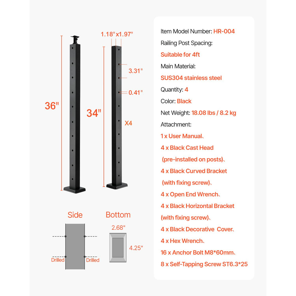 4-Pack Cable Railing Post, 914x25x50 mm Horizontal-Hole Deck Railing Post with Pre-Drilled Holes, Stainless Steel Cable Rail Post with Horizontal & Curved Bracket, Black, 4JZLGZXHS914UUOI6001V0