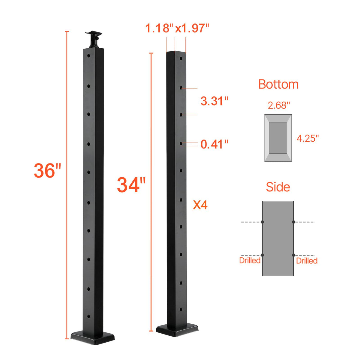 4-Pack Cable Railing Post, 914x25x50 mm Horizontal-Hole Deck Railing Post with Pre-Drilled Holes, Stainless Steel Cable Rail Post with Horizontal & Curved Bracket, Black, 4JZLGZXHS914UUOI6001V0