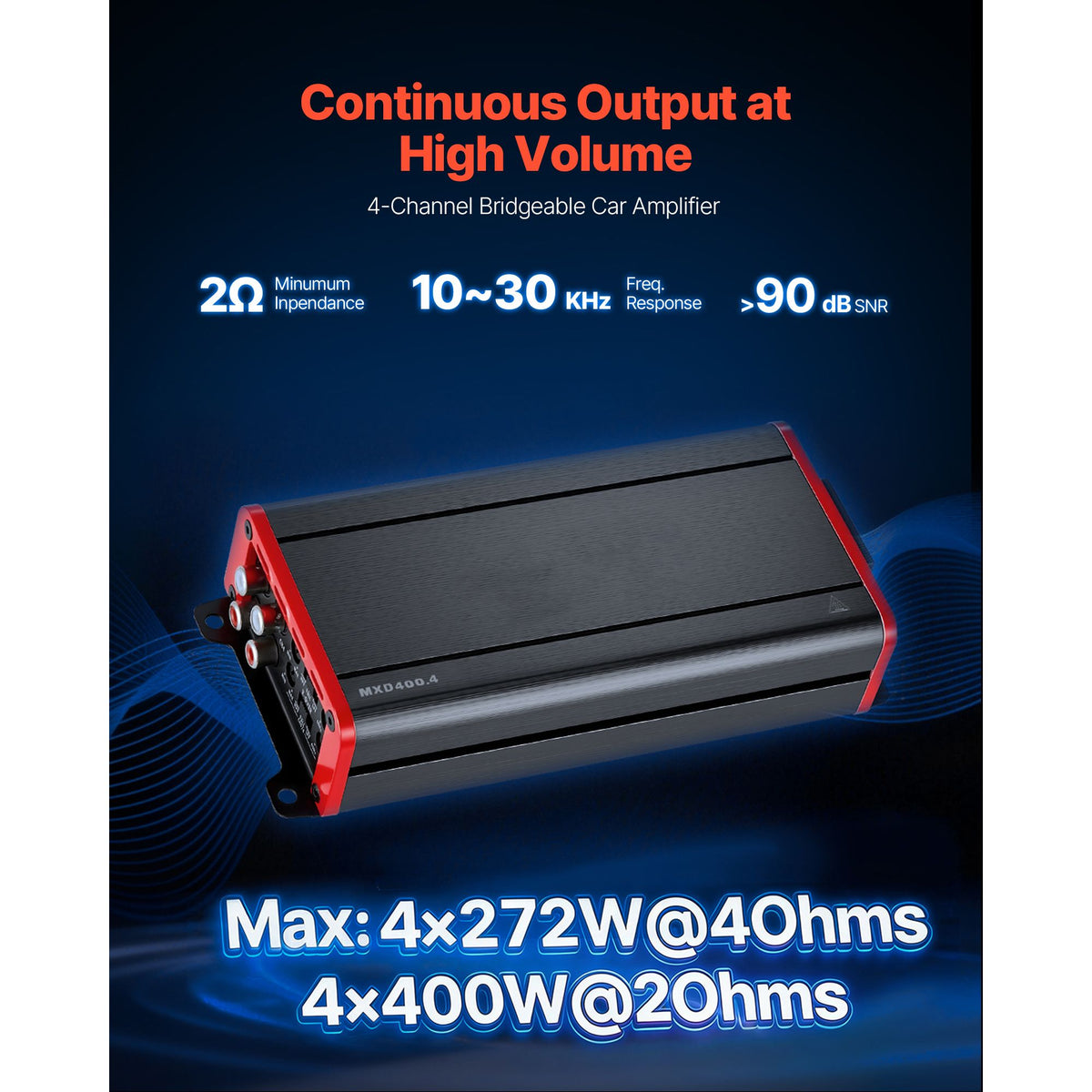 Car Audio Amplifier, 4-Channel Bridgeable Car Amplifier, Multichannel Class D Stereo Amp, Max. 4 x 272W at 4 Ohms / 4 x 400W at 2 Ohms, High Output, for SUVs, Pickups, and Off-Road Vehicles