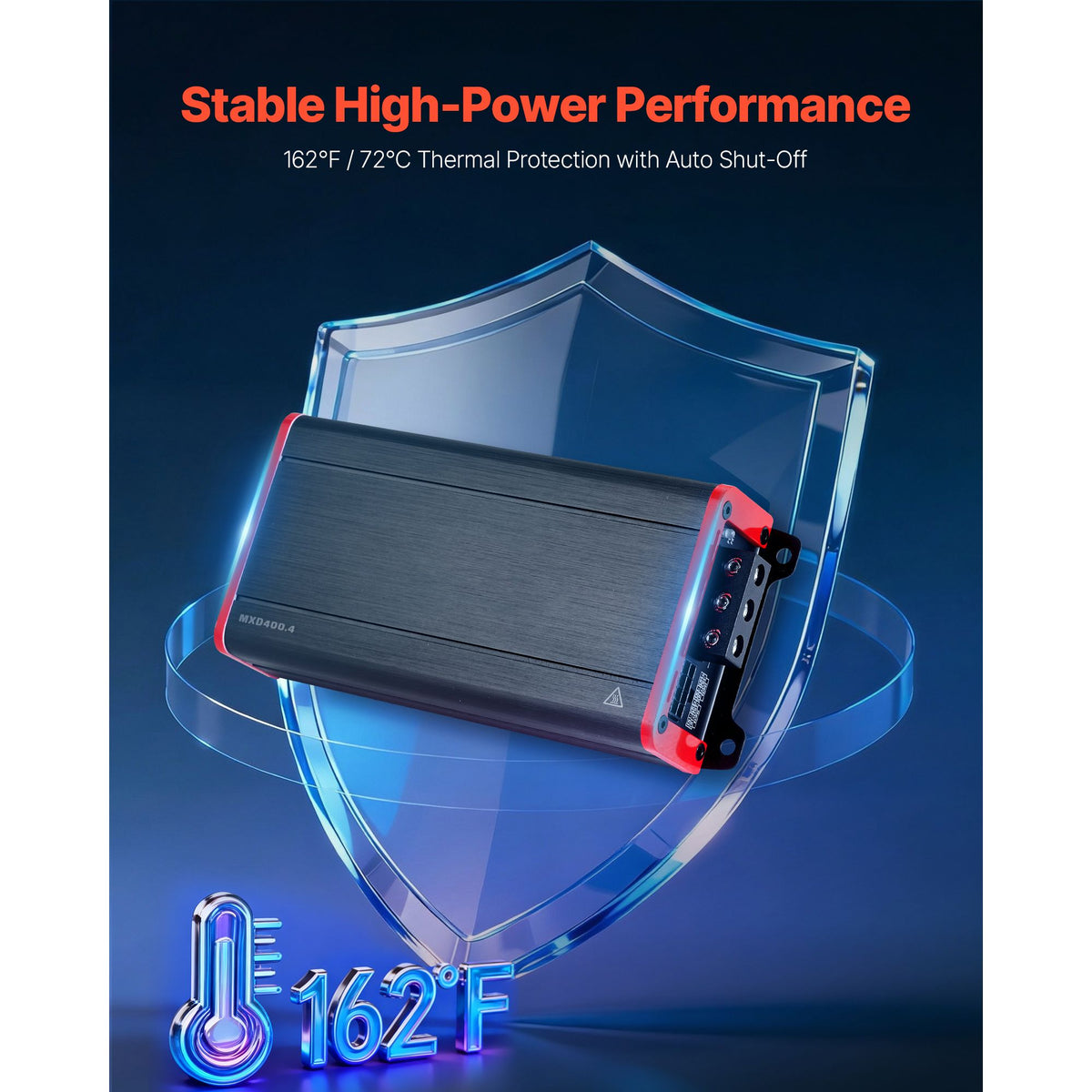 Car Audio Amplifier, 4-Channel Bridgeable Car Amplifier, Multichannel Class D Stereo Amp, Max. 4 x 272W at 4 Ohms / 4 x 400W at 2 Ohms, High Output, for SUVs, Pickups, and Off-Road Vehicles