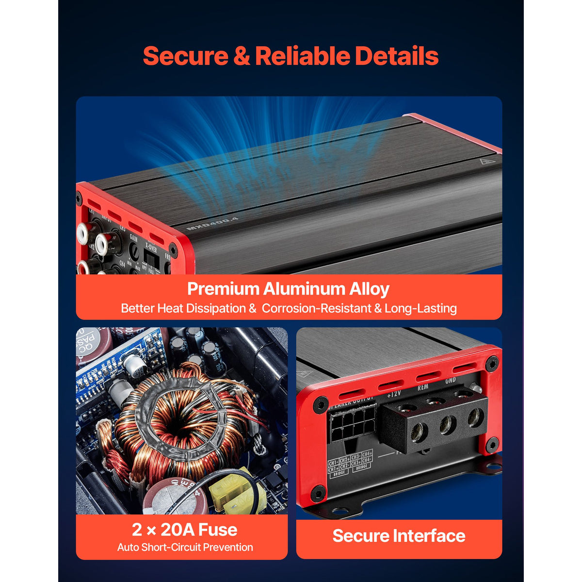 Car Audio Amplifier, 4-Channel Bridgeable Car Amplifier, Multichannel Class D Stereo Amp, Max. 4 x 272W at 4 Ohms / 4 x 400W at 2 Ohms, High Output, for SUVs, Pickups, and Off-Road Vehicles