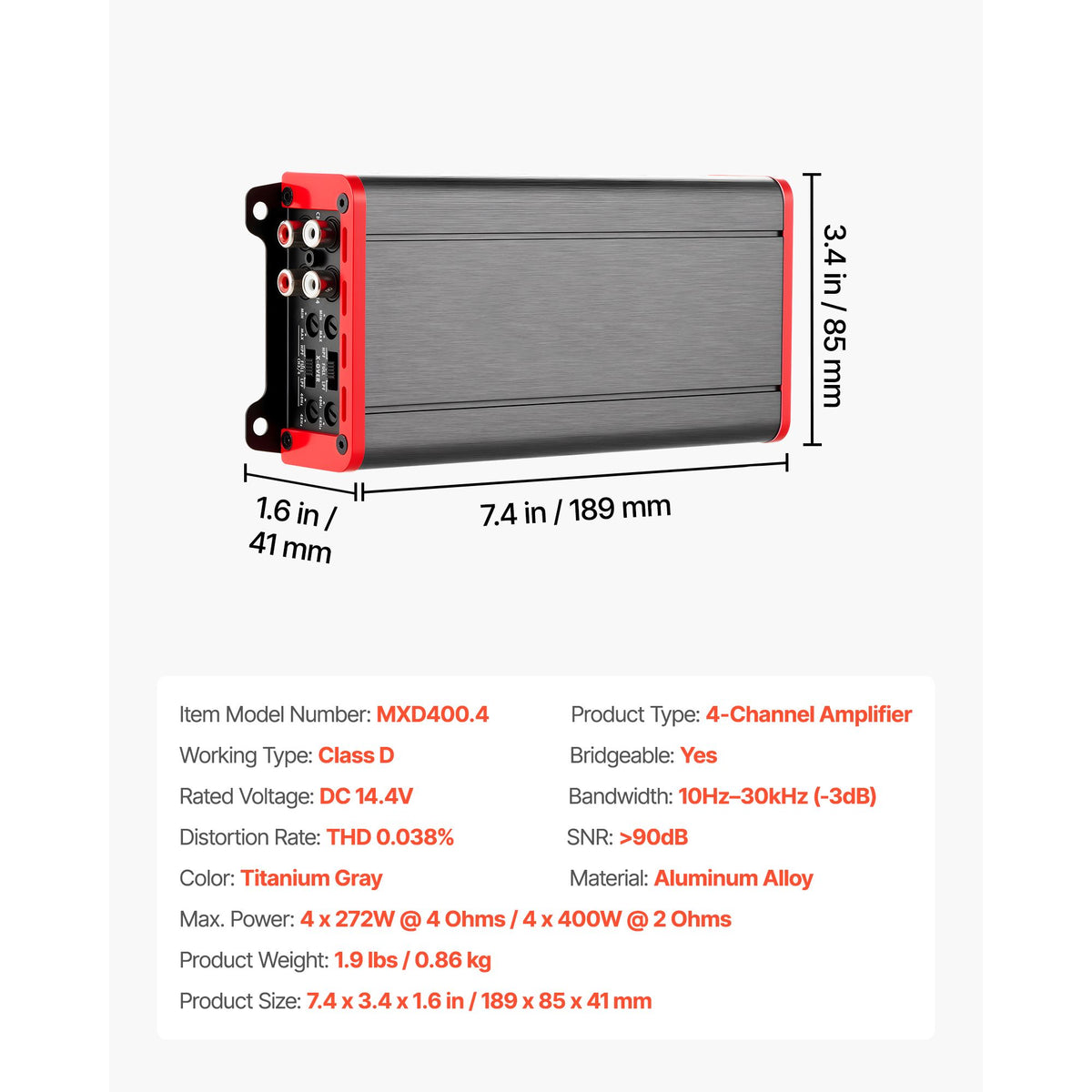 Car Audio Amplifier, 4-Channel Bridgeable Car Amplifier, Multichannel Class D Stereo Amp, Max. 4 x 272W at 4 Ohms / 4 x 400W at 2 Ohms, High Output, for SUVs, Pickups, and Off-Road Vehicles