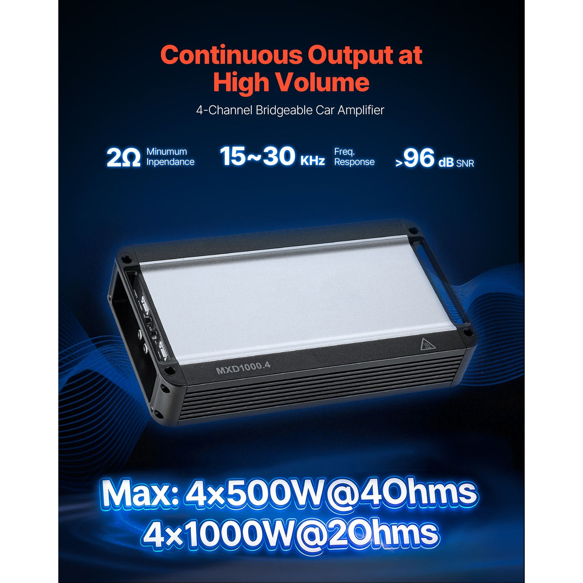Car Audio Amplifier, 4-Channel Bridgeable Car Amplifier, Multichannel Class D Stereo Amp, Max. 4 x 500W at 4 Ohms / 4 x 1000W at 2 Ohms, High Output, for SUVs, Pickups, and Off-Road Vehicles