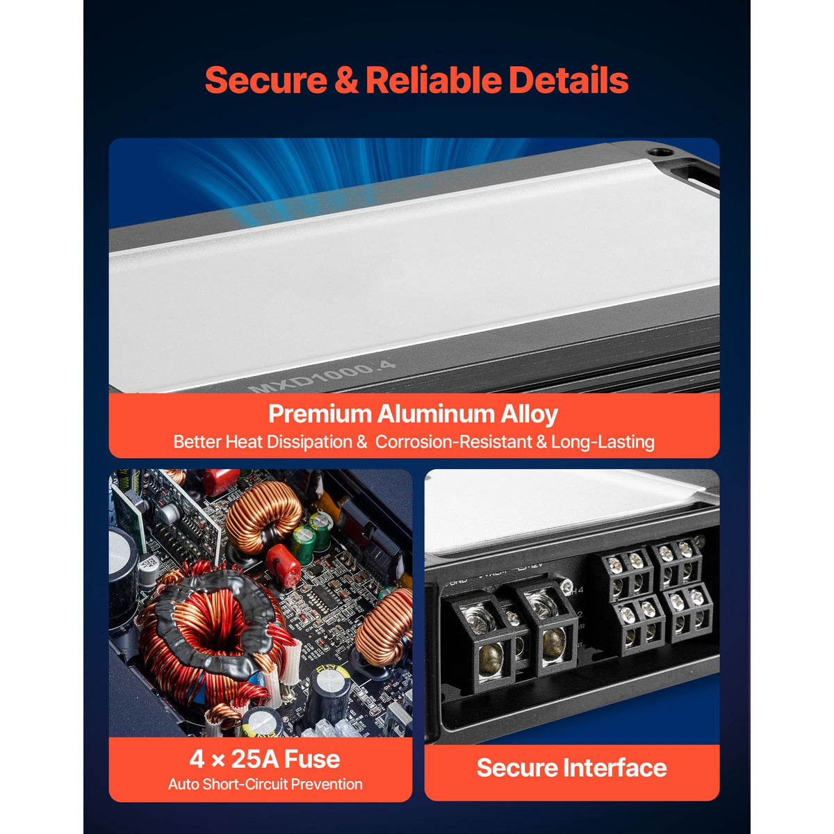 Car Audio Amplifier, 4-Channel Bridgeable Car Amplifier, Multichannel Class D Stereo Amp, Max. 4 x 500W at 4 Ohms / 4 x 1000W at 2 Ohms, High Output, for SUVs, Pickups, and Off-Road Vehicles