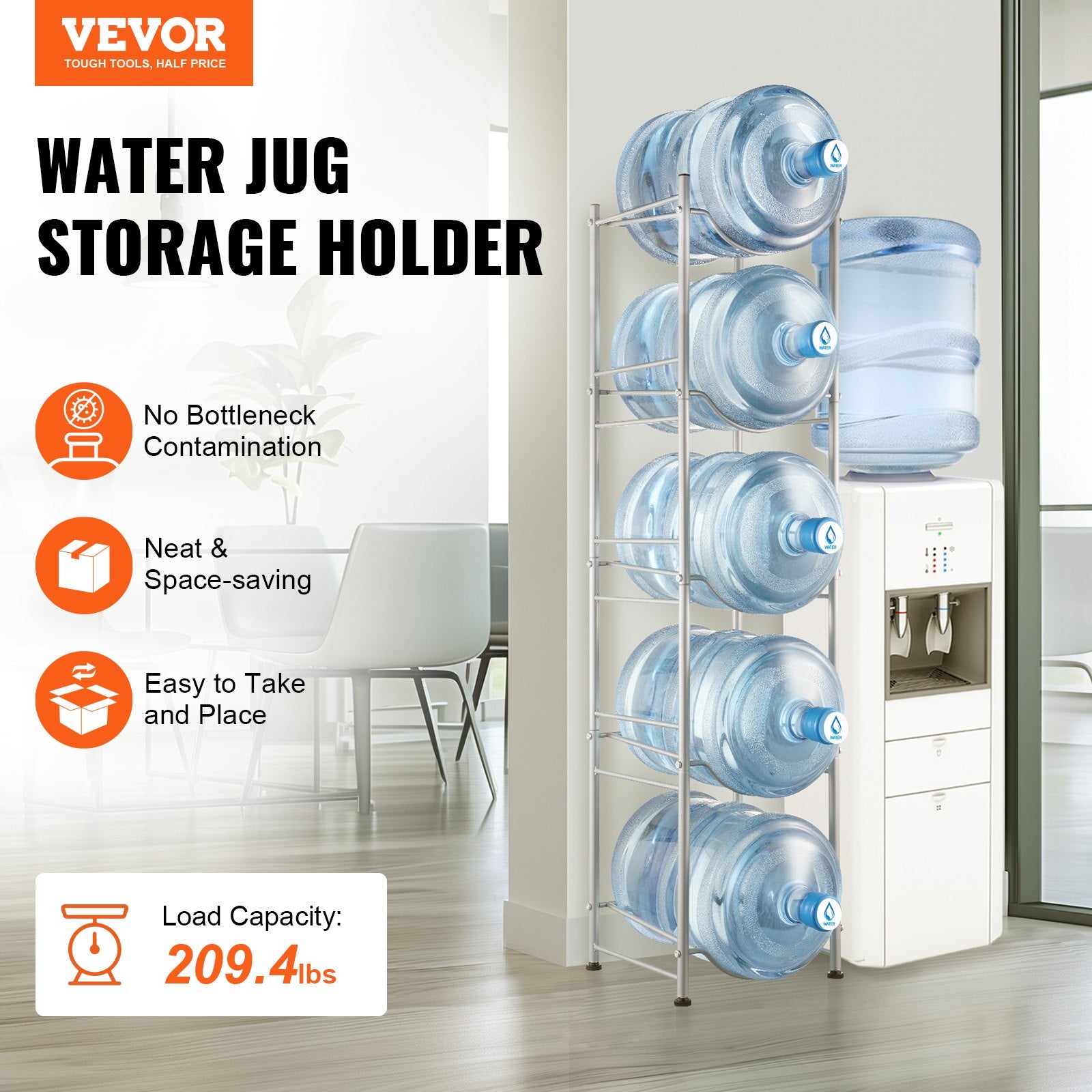 Bath Caddies: VEVOR 5 Tiers Water Jug Holder, 5 Gallon Water Bottle Holder, Single Row Water Bottle Rack for 5 Bottles, Heavy Duty Water Jug Rack for Kitchen, Office, Living Room, Silver