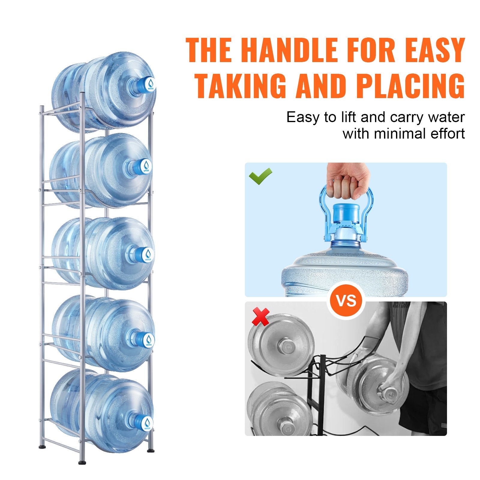 Bath Caddies: VEVOR 5 Tiers Water Jug Holder, 5 Gallon Water Bottle Holder, Single Row Water Bottle Rack for 5 Bottles, Heavy Duty Water Jug Rack for Kitchen, Office, Living Room, Silver