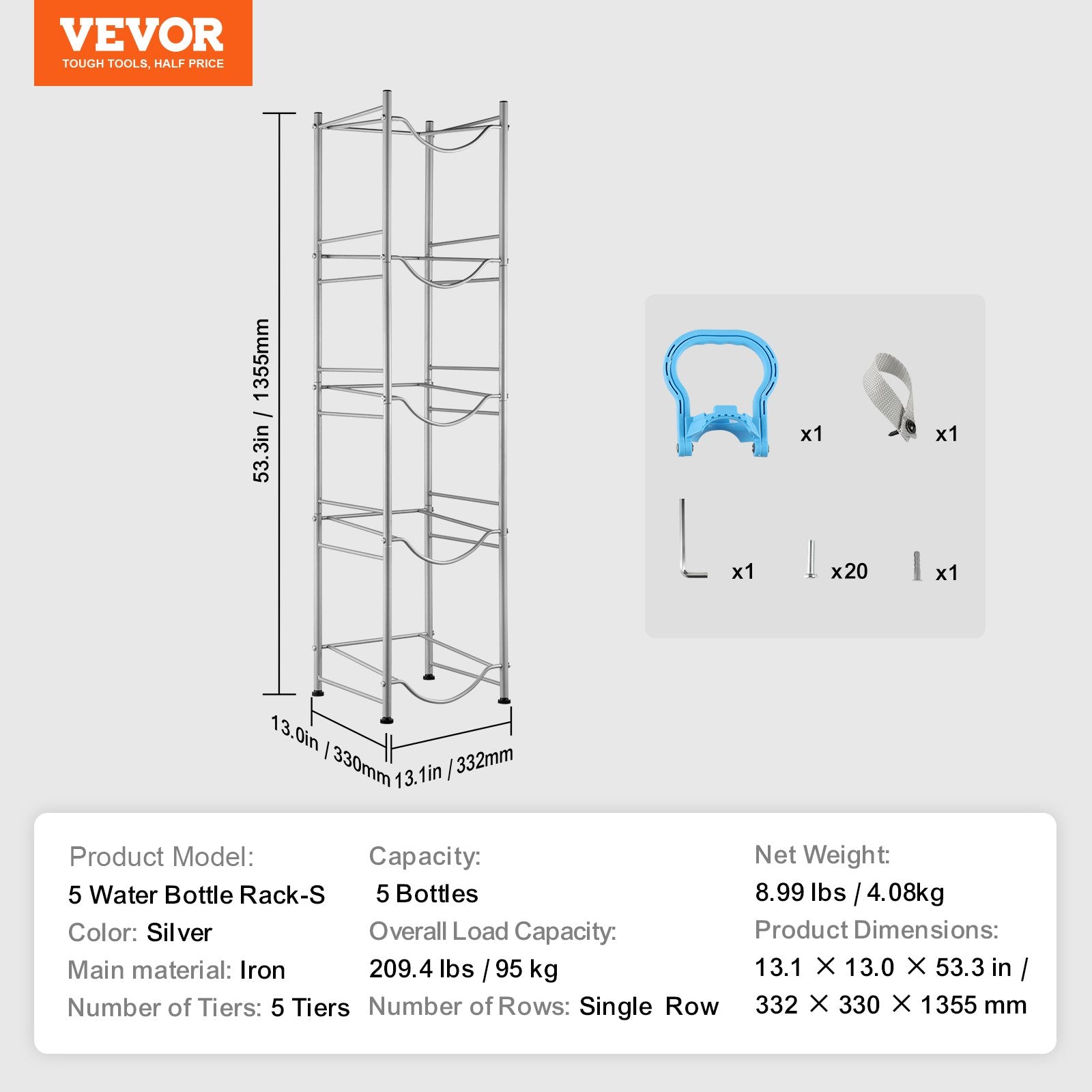 Bath Caddies: VEVOR 5 Tiers Water Jug Holder, 5 Gallon Water Bottle Holder, Single Row Water Bottle Rack for 5 Bottles, Heavy Duty Water Jug Rack for Kitchen, Office, Living Room, Silver