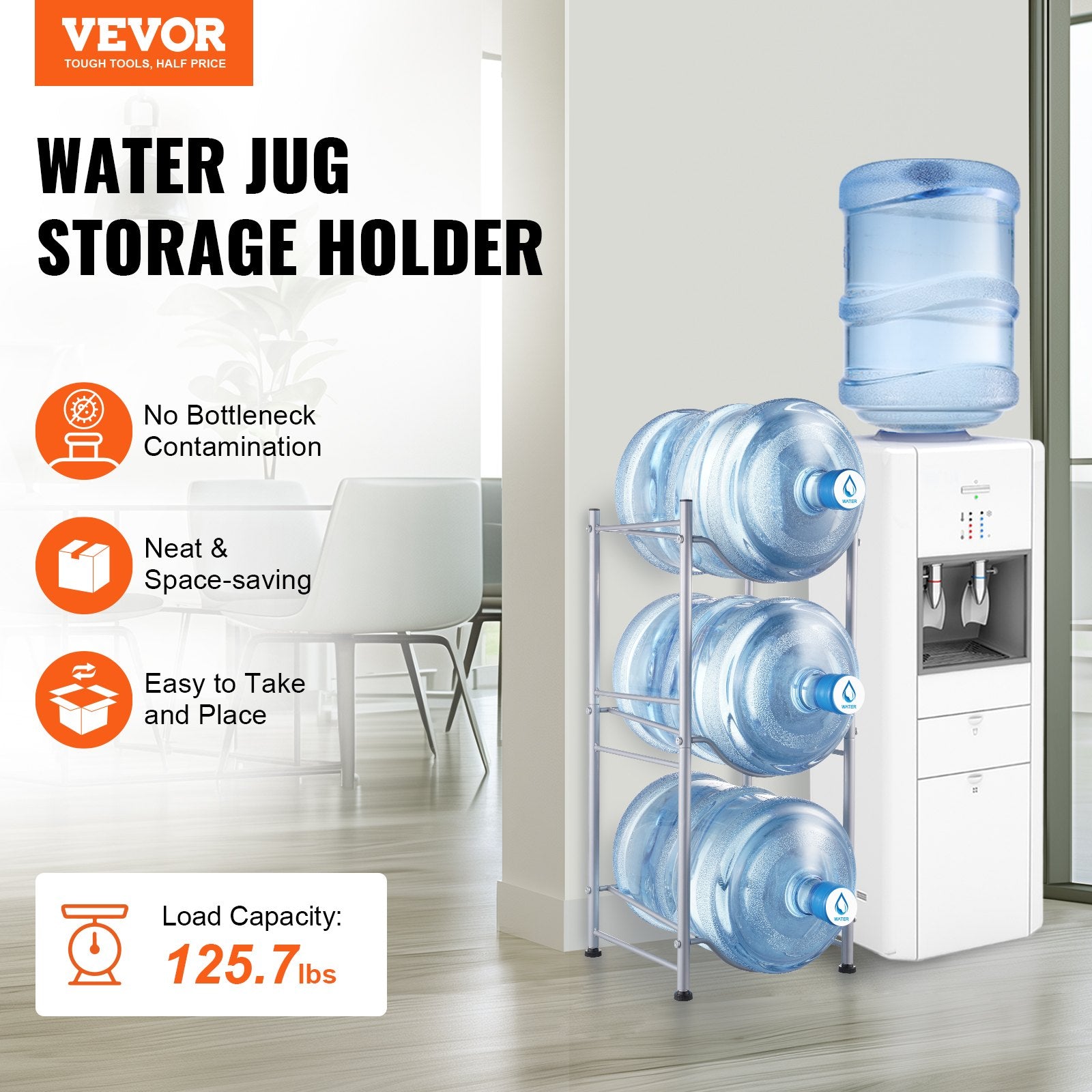 Fencing: VEVOR 3 Tiers Water Jug Holder, 5 Gallon Water Bottle Holder, Single Row Water Bottle Rack for 3 Bottles, Heavy Duty Water Jug Rack for Kitchen, Office, Living Room, Silver