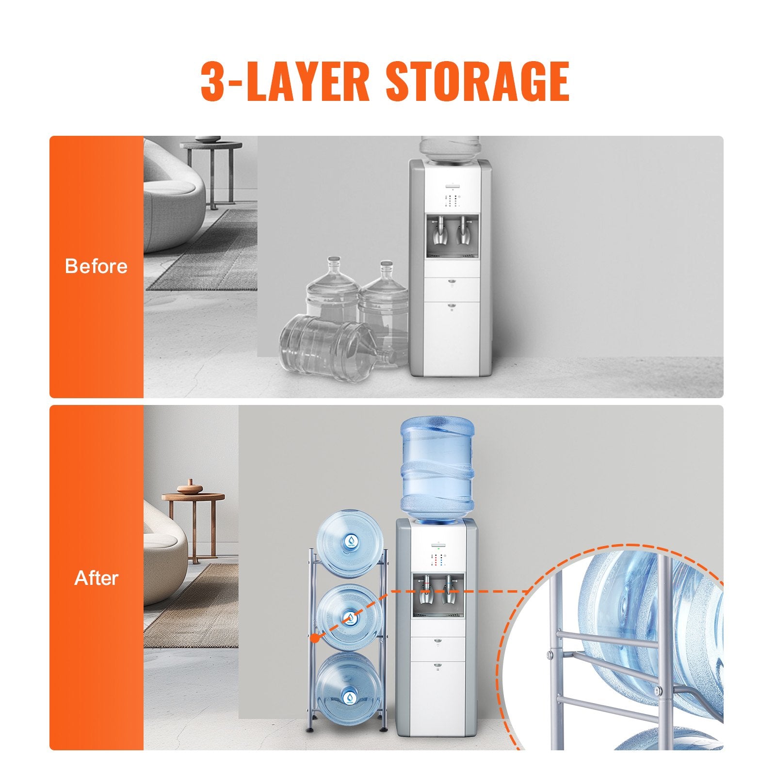 Fencing: VEVOR 3 Tiers Water Jug Holder, 5 Gallon Water Bottle Holder, Single Row Water Bottle Rack for 3 Bottles, Heavy Duty Water Jug Rack for Kitchen, Office, Living Room, Silver