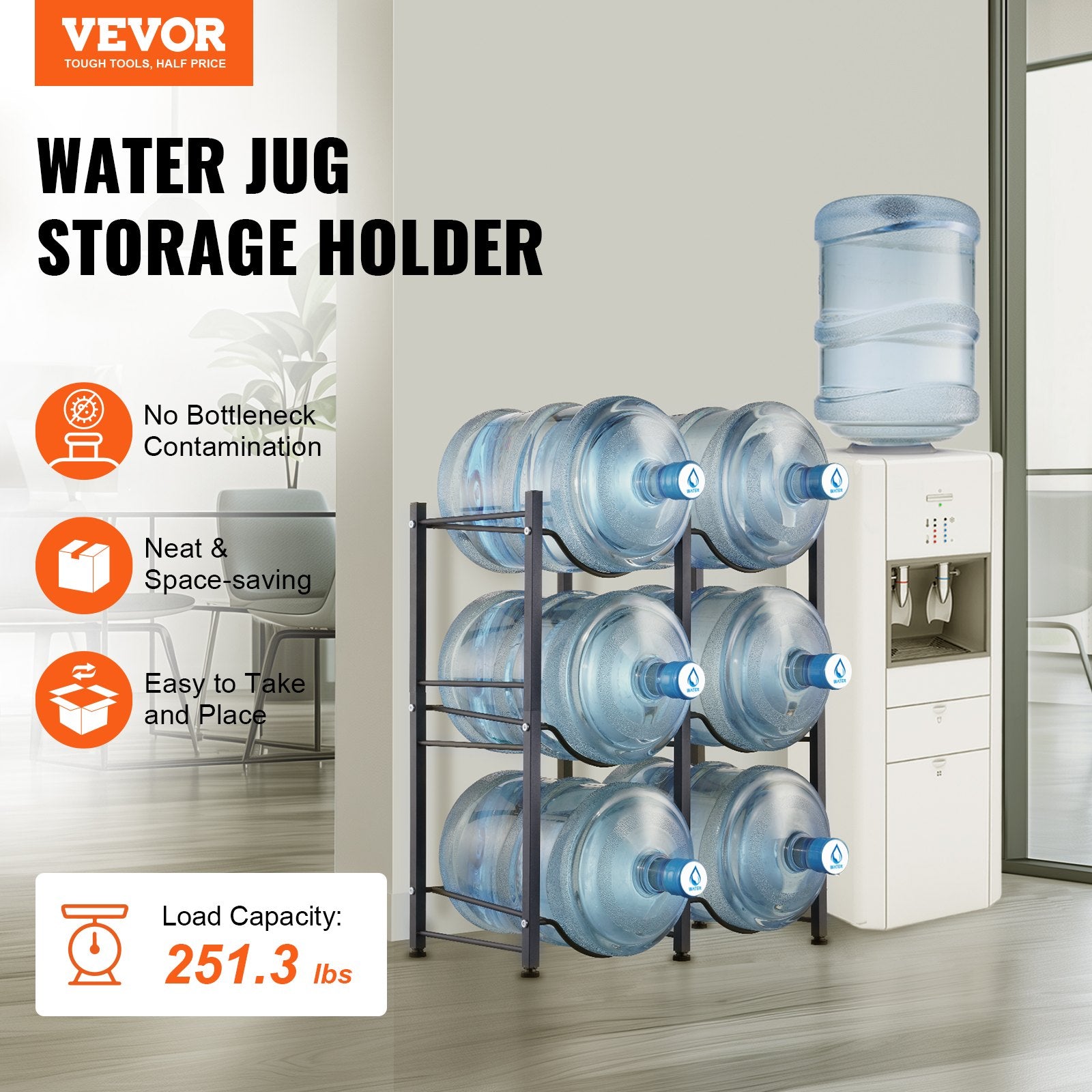 Bath Caddies: VEVOR 3 Tiers Water Jug Holder, 5 Gallon Water Bottle Holder, Double Row Water Bottle Rack for 6 Bottles, Heavy Duty Water Jug Rack for Kitchen, Office, Living Room, Black