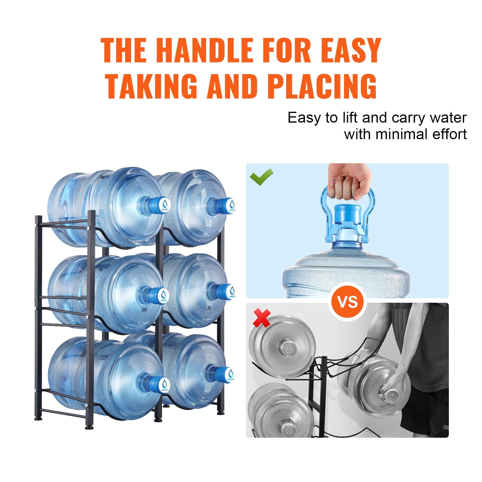 Bath Caddies: VEVOR 3 Tiers Water Jug Holder, 5 Gallon Water Bottle Holder, Double Row Water Bottle Rack for 6 Bottles, Heavy Duty Water Jug Rack for Kitchen, Office, Living Room, Black