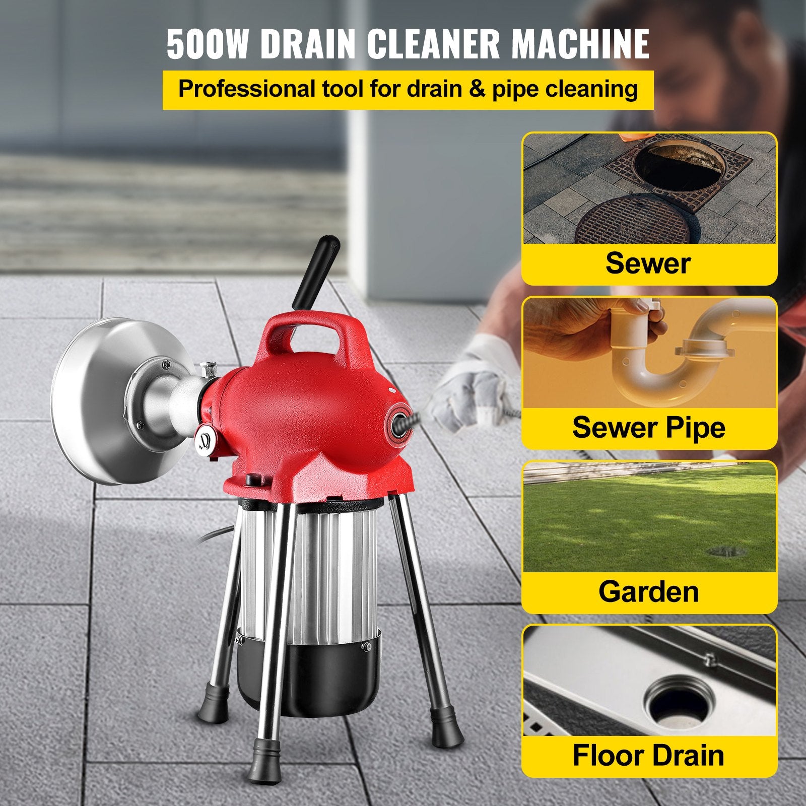 Gardening Tools: VEVOR 0.75-4 Inch Sectional Pipe Drain Cleaning Machine 400PRM Snake Cleaner Pipe Drain Cleaning Machine with 66 Ft x 0.67 Inch Galvanize Cable Heavy Duty