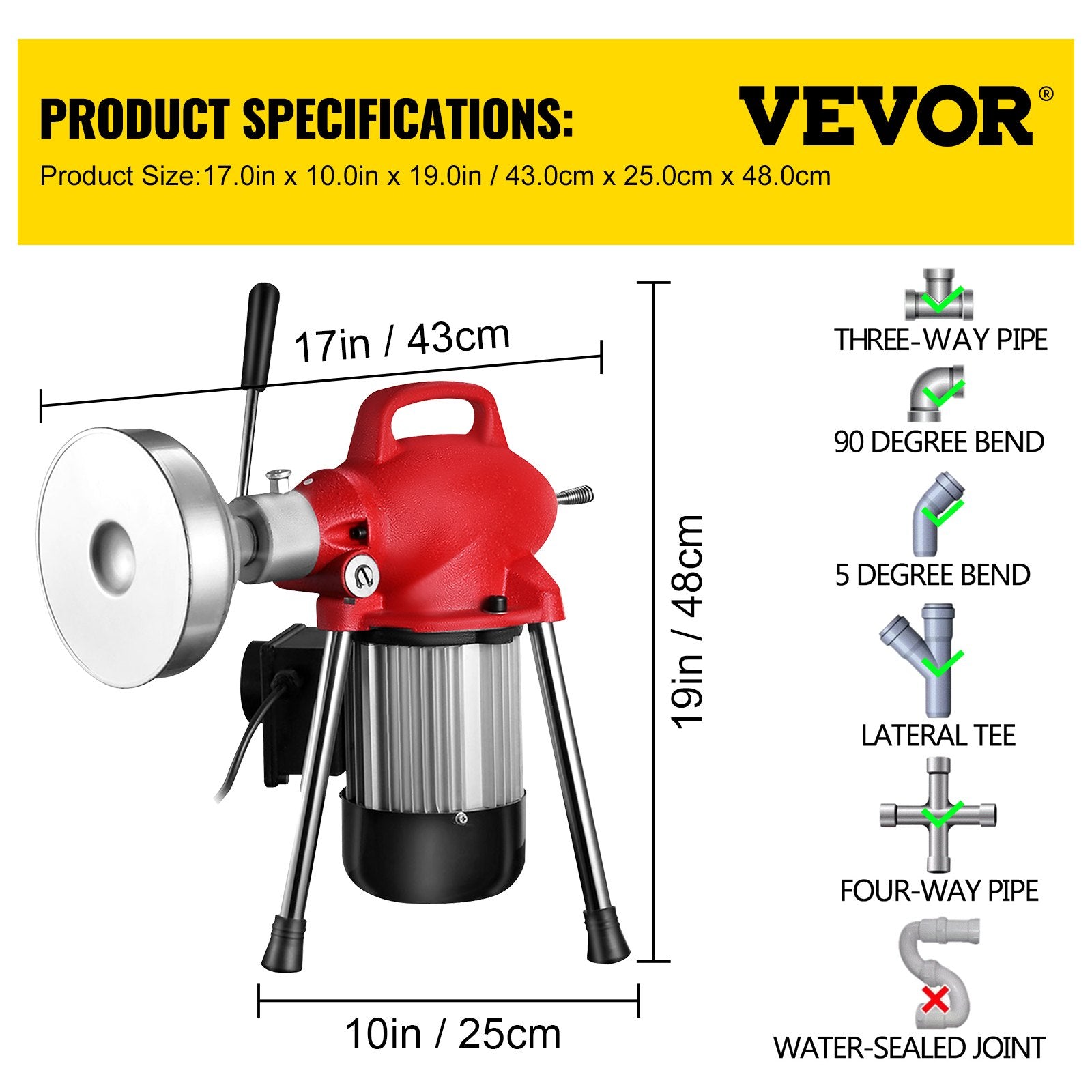 Gardening Tools: VEVOR 0.75-4 Inch Sectional Pipe Drain Cleaning Machine 400PRM Snake Cleaner Pipe Drain Cleaning Machine with 66 Ft x 0.67 Inch Galvanize Cable Heavy Duty