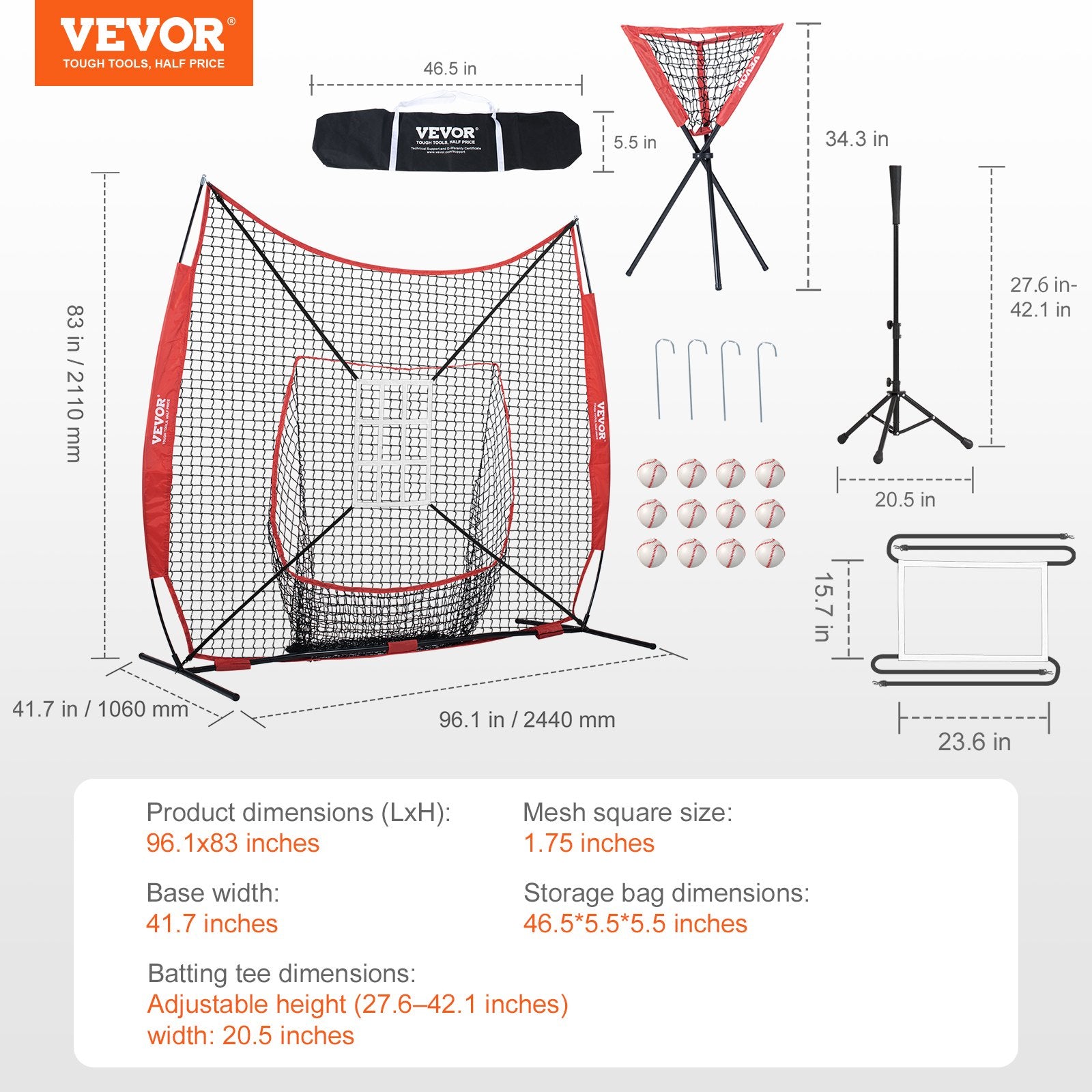 Basketball & Basketball Accessories: VEVOR 7x7 ft Baseball Softball Practice Net, Portable Baseball Training Net for Hitting Catching Pitching, Backstop Equipment with Bow Frame, Carry Bag, Strike Zone, 12 Balls, Tee, and Ball Collector