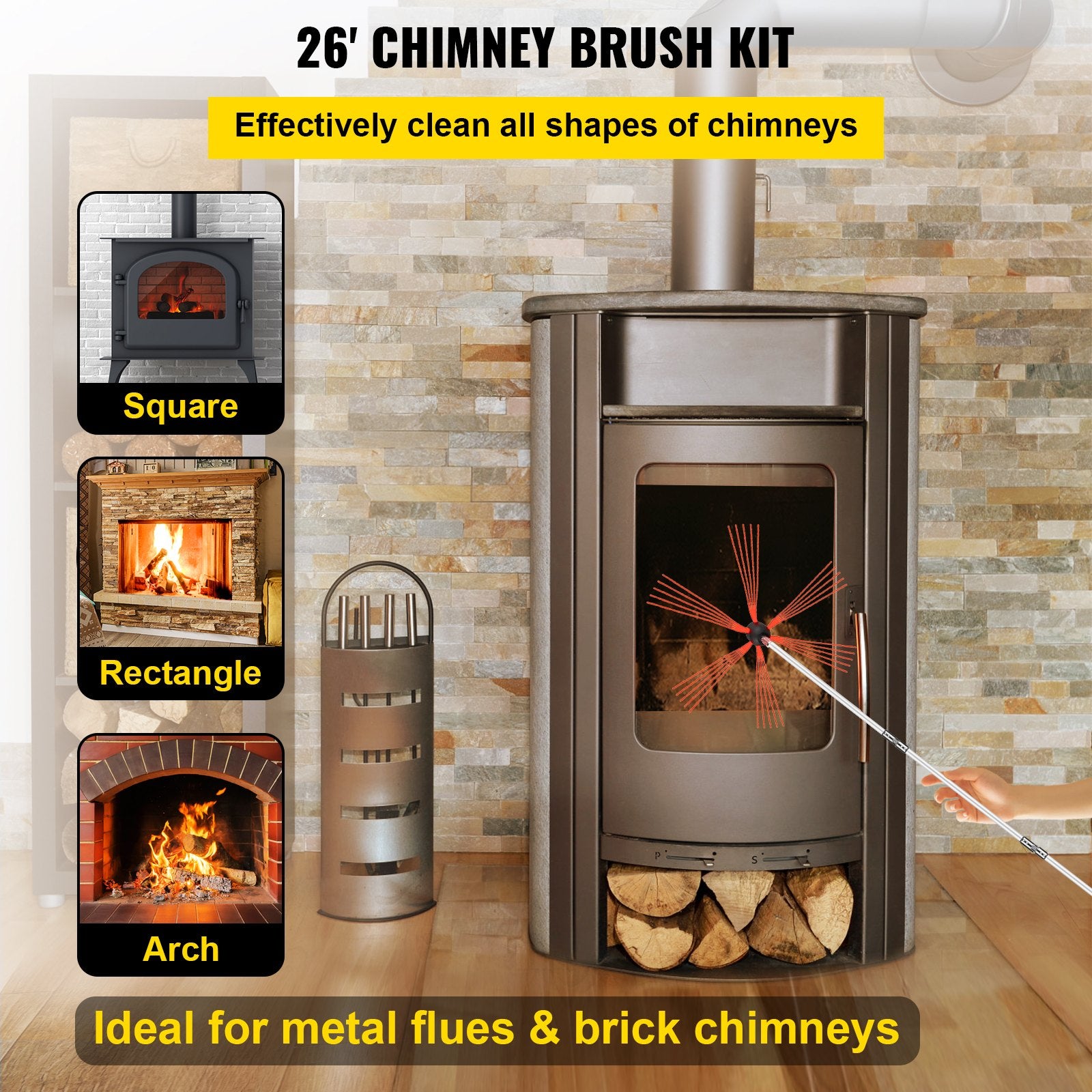 Fire Pit Accessories: VEVOR Chimney Sweeping Brush Rotary Chimney Brush 315Inch Chimney Brush Rod Kit 8 Rods with Nylon Flexible Rods (8 Rods)