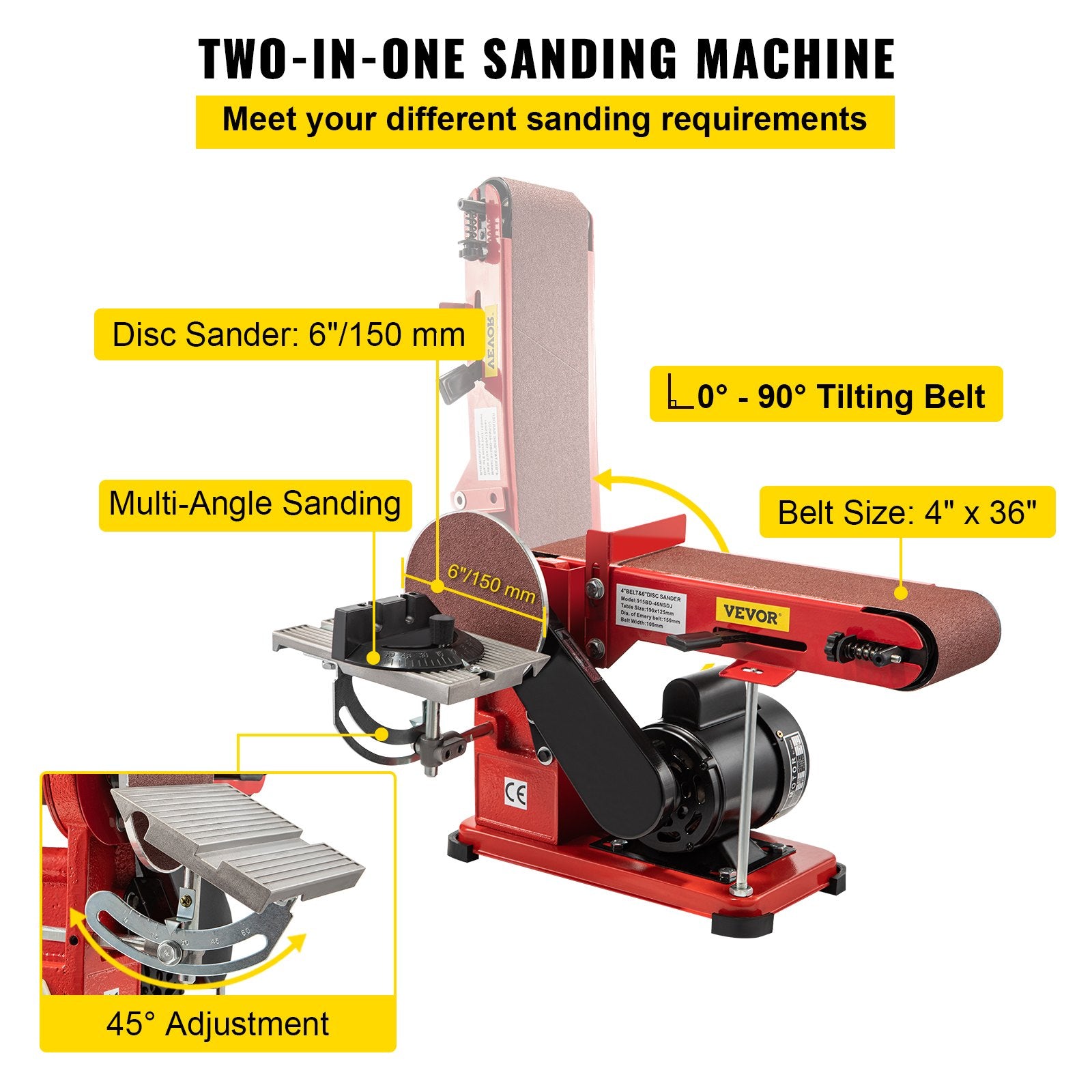Sanding Accessories: VEVOR Belt Sander 4" x 36", Disc Combo Sander 6",Electric Adjustable Bench Belt Sander 375W,Grinder Bench Sanding Machine With 4 Rubber Foot Pad