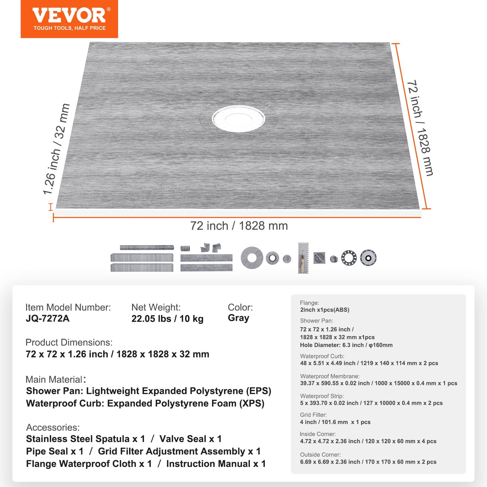 Kitchen & Bathroom DIY: VEVOR Shower Curb Kit, 1828x1828mm, 72"x72" Shower Pan Kit with 50.8mm ABS Central Flange, 101.6mm Stainless Steel Grate, Waterproof Shower Curb & Membrane & Strip, Shower Pan Slope Sticks Fit for Bathroom