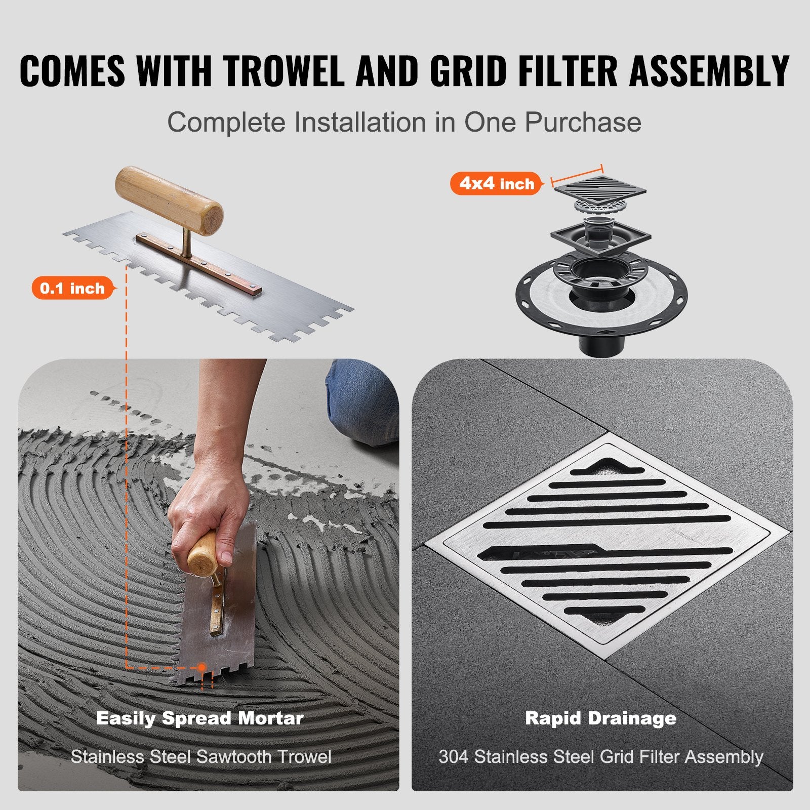 Shower Curb Kit, 1219x1524mm, 60"x48" Shower Pan Kit with 50.8mm ABS Central Flange, Waterproof Membrane, Stainless Steel Grate and Joint Sealant, Shower Pan Slope Sticks Fit for Bathroom