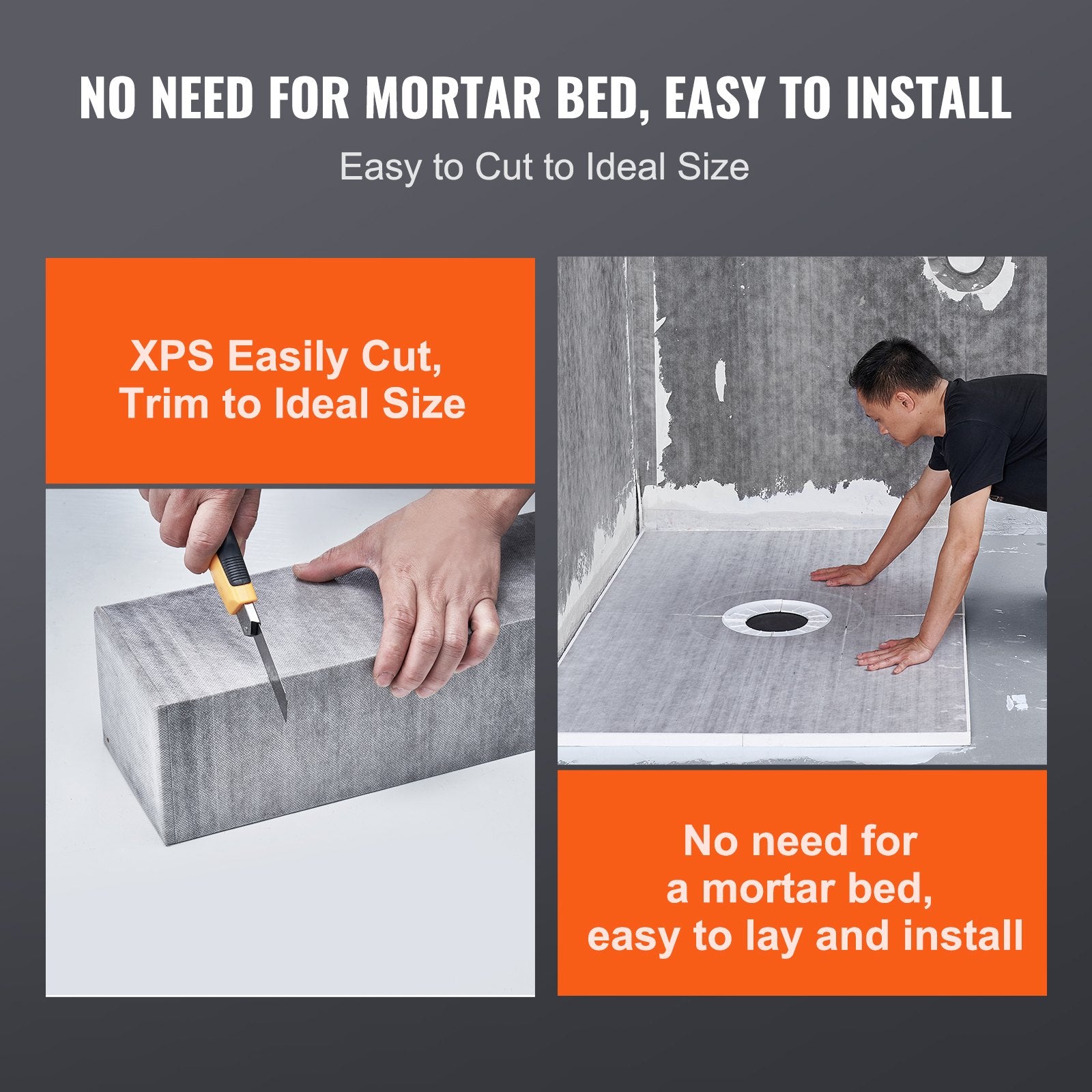 Shower Curb Kit, 1219x1524mm, 60"x48" Shower Pan Kit with 50.8mm ABS Central Flange, Waterproof Membrane, Stainless Steel Grate and Joint Sealant, Shower Pan Slope Sticks Fit for Bathroom