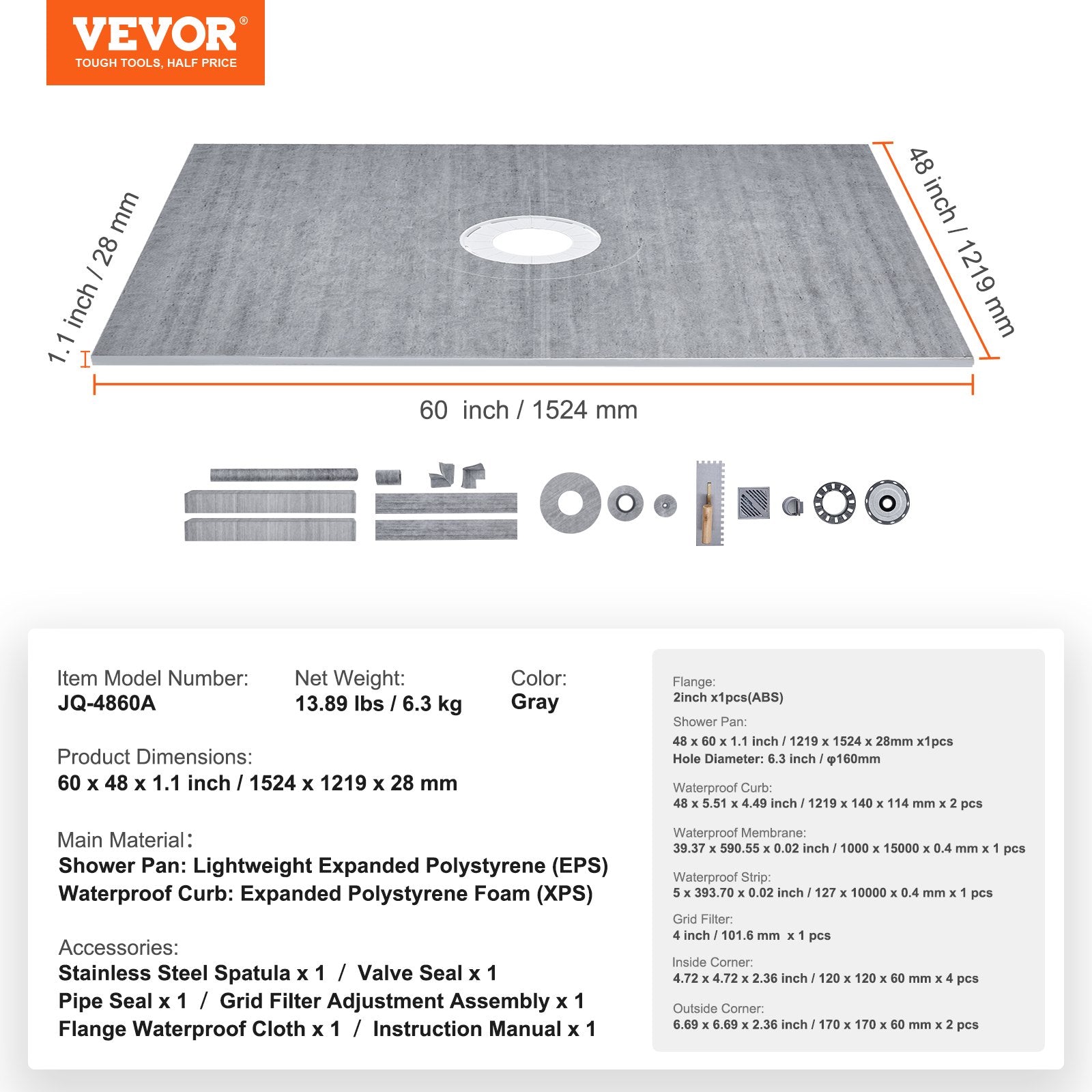 Shower Curb Kit, 1219x1524mm, 60"x48" Shower Pan Kit with 50.8mm ABS Central Flange, Waterproof Membrane, Stainless Steel Grate and Joint Sealant, Shower Pan Slope Sticks Fit for Bathroom