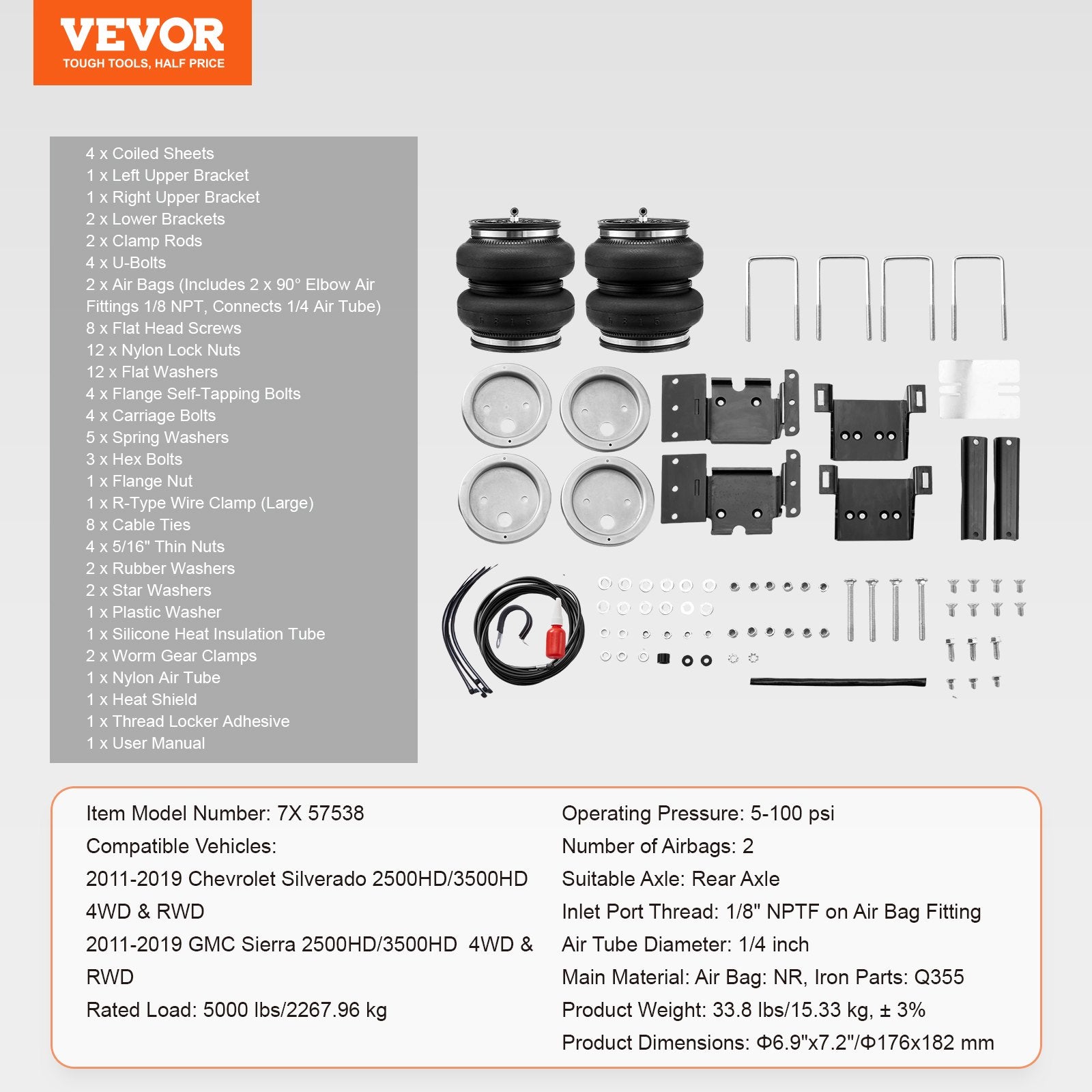 Automotive Repair & Speciality Tools: VEVOR Air Bag Suspension Kit, Air Springs Suspension Bag Kit Compatible with 2011-2019 Chevrolet Silverado 2500/3500HD and GMC Sierra 2500/3500HD 4WD RWD, 5000 lbs Loading, 5 to 100 PSI