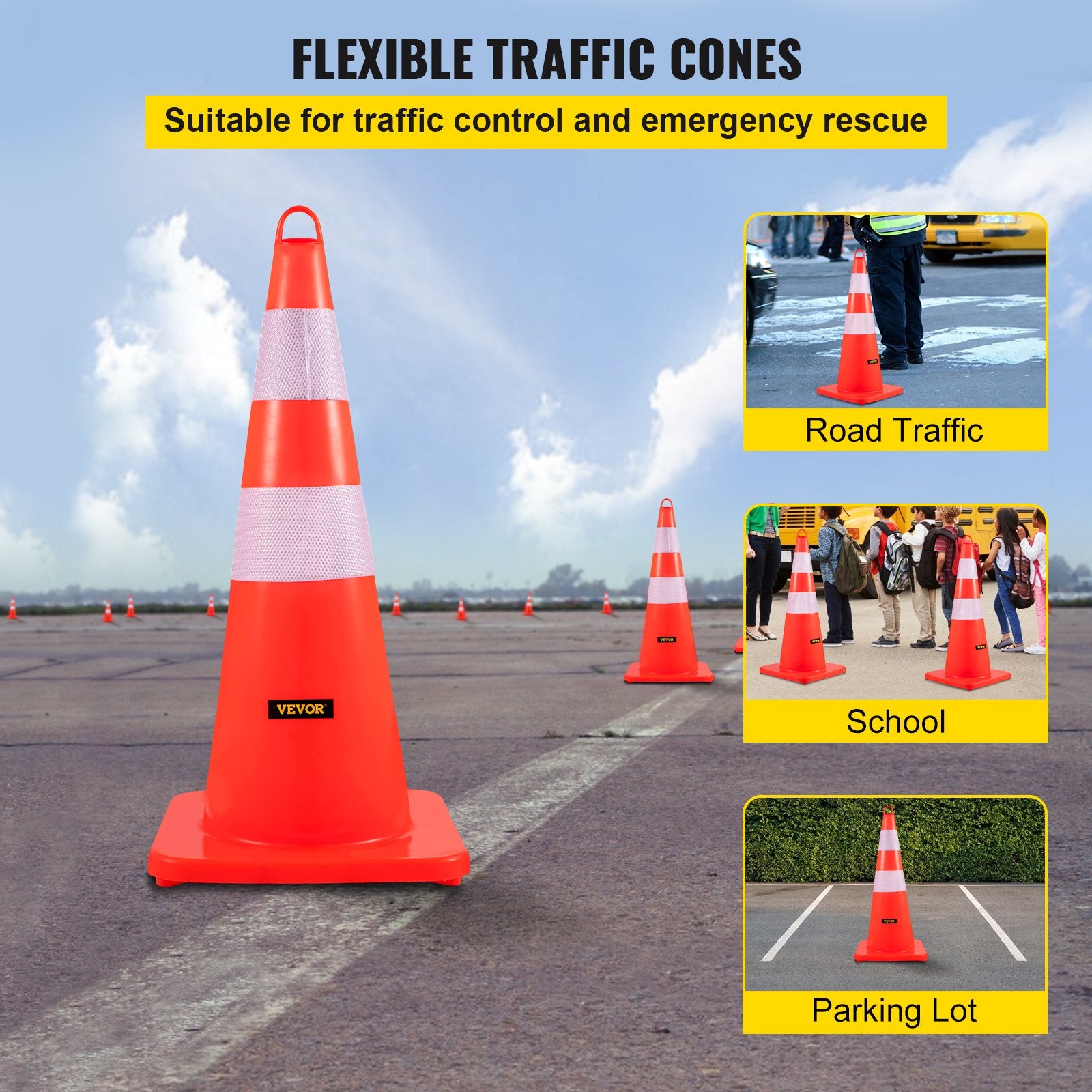 Automotive Decor: VEVOR Safety Cones, 10PCS 28"" Traffic Cones, PVC Orange Construction Cones, 2 Reflective Collars Traffic Cones with Weighted Base and Hand-Held Ring Used for Traffic Control, Driveway Road Parking