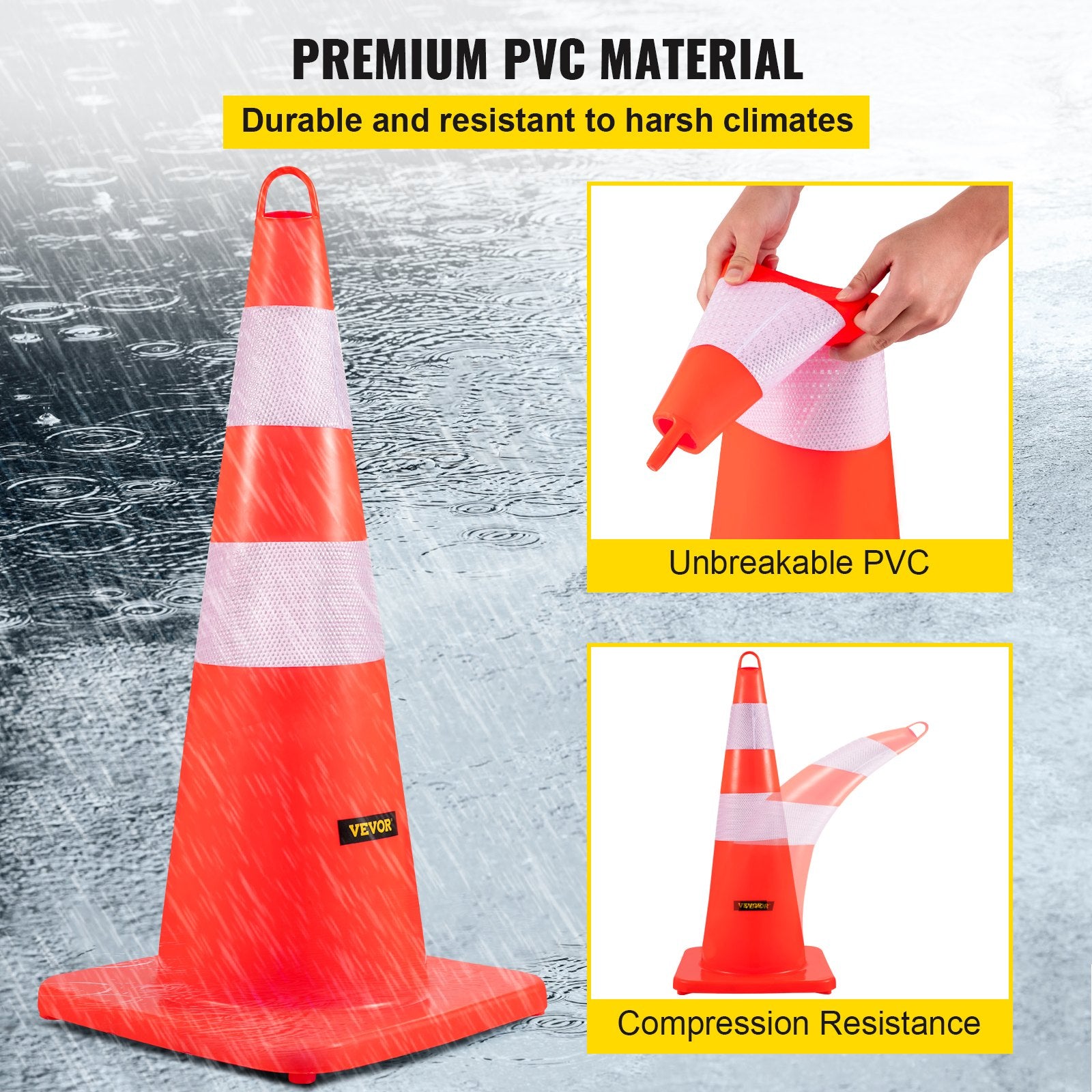 Automotive Decor: VEVOR Safety Cones, 10PCS 28"" Traffic Cones, PVC Orange Construction Cones, 2 Reflective Collars Traffic Cones with Weighted Base and Hand-Held Ring Used for Traffic Control, Driveway Road Parking
