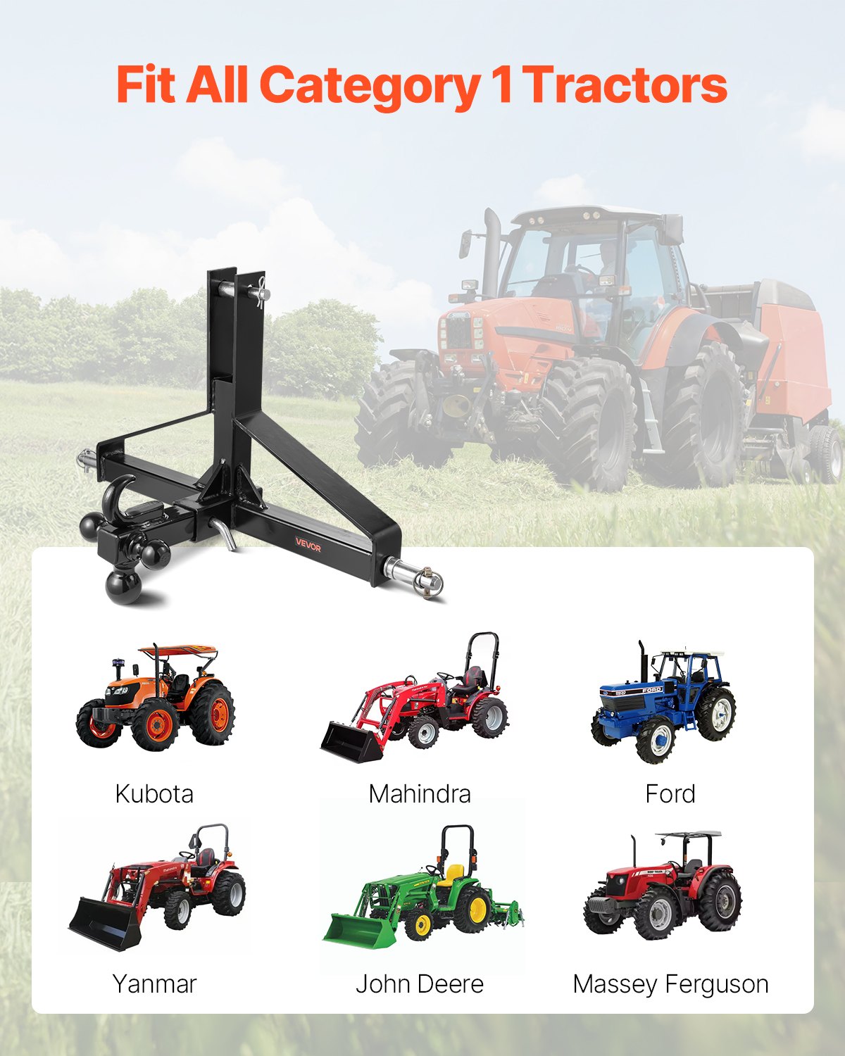 3 Point Trailer Hitch with 2 in Receiver, 3pt Quick Hitch Attachment, Heavy Duty Tractor Tow Drawbar Adapter, Compatible with Kubota, Mahindra, Ford, Yanmar, John Deere, Massey Ferguson