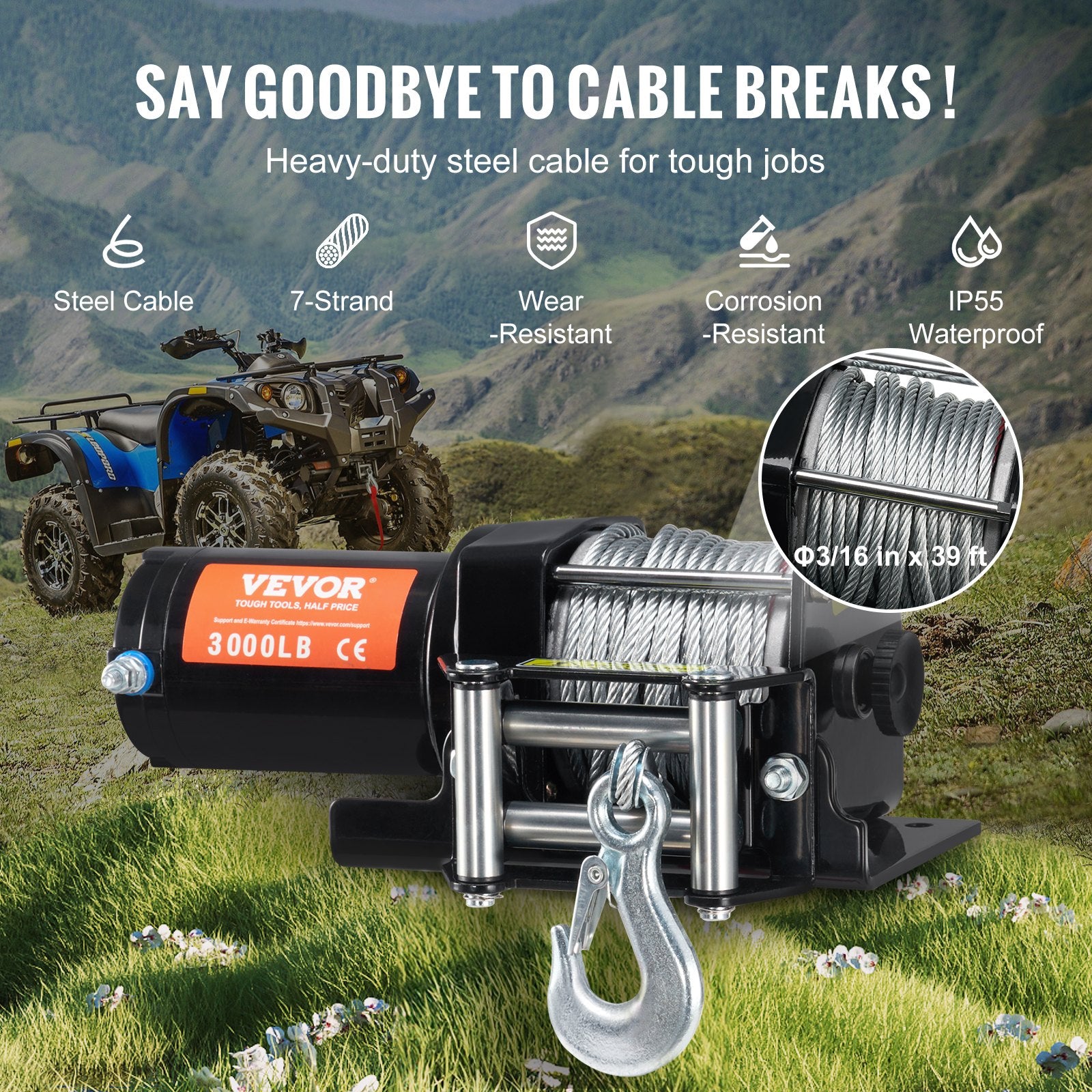 Power & Electrical Supplies: VEVOR Electric Winch, 1361 kg Line Pull Capacity, 12V DC ATV/UTV Winch with Φ0.5 x 1188.7 cm 7 Strands Steel Cable Roller Fairlead Wired Remote Control, IP55 Waterproof for Towing UTV ATV Off-Road
