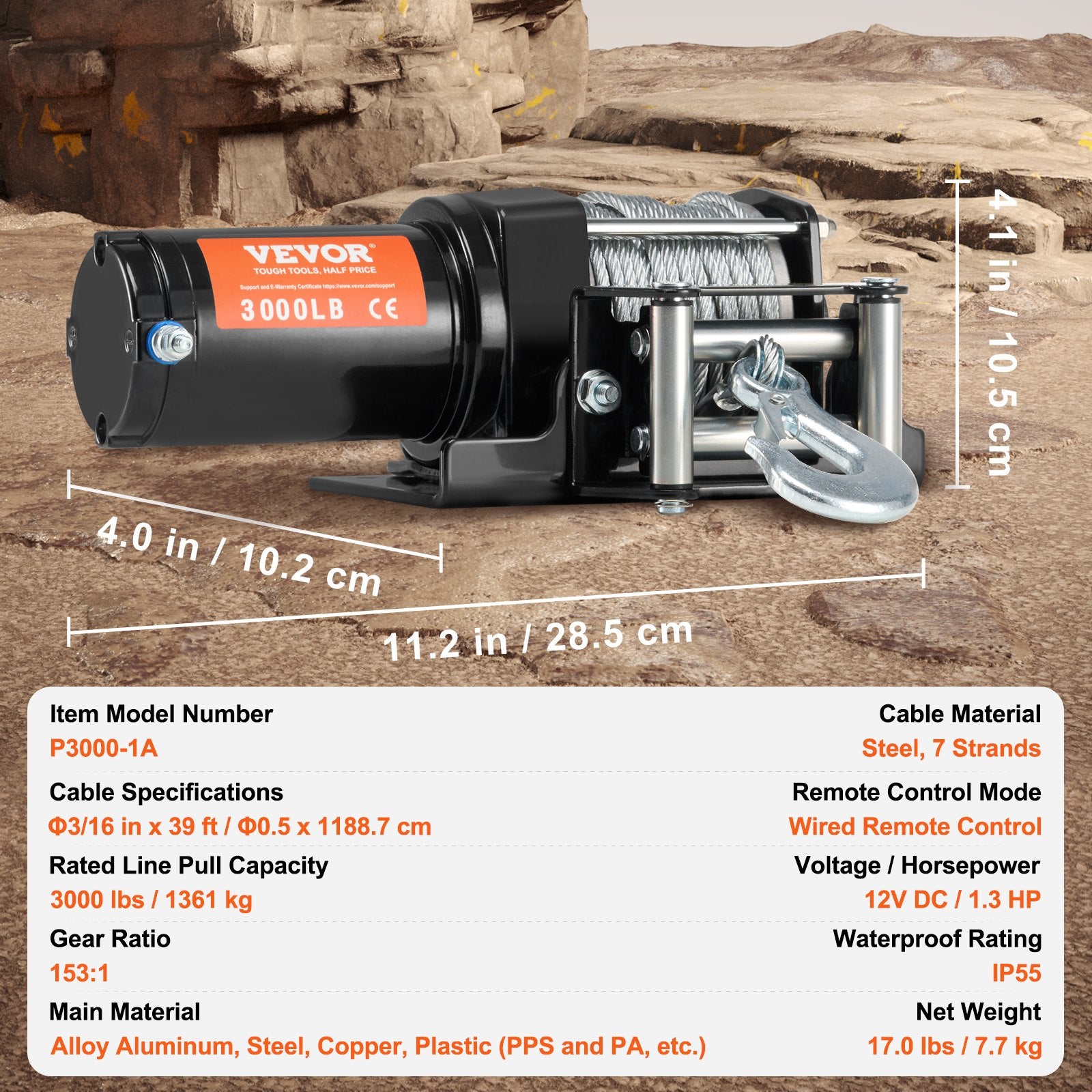 Power & Electrical Supplies: VEVOR Electric Winch, 1361 kg Line Pull Capacity, 12V DC ATV/UTV Winch with Φ0.5 x 1188.7 cm 7 Strands Steel Cable Roller Fairlead Wired Remote Control, IP55 Waterproof for Towing UTV ATV Off-Road