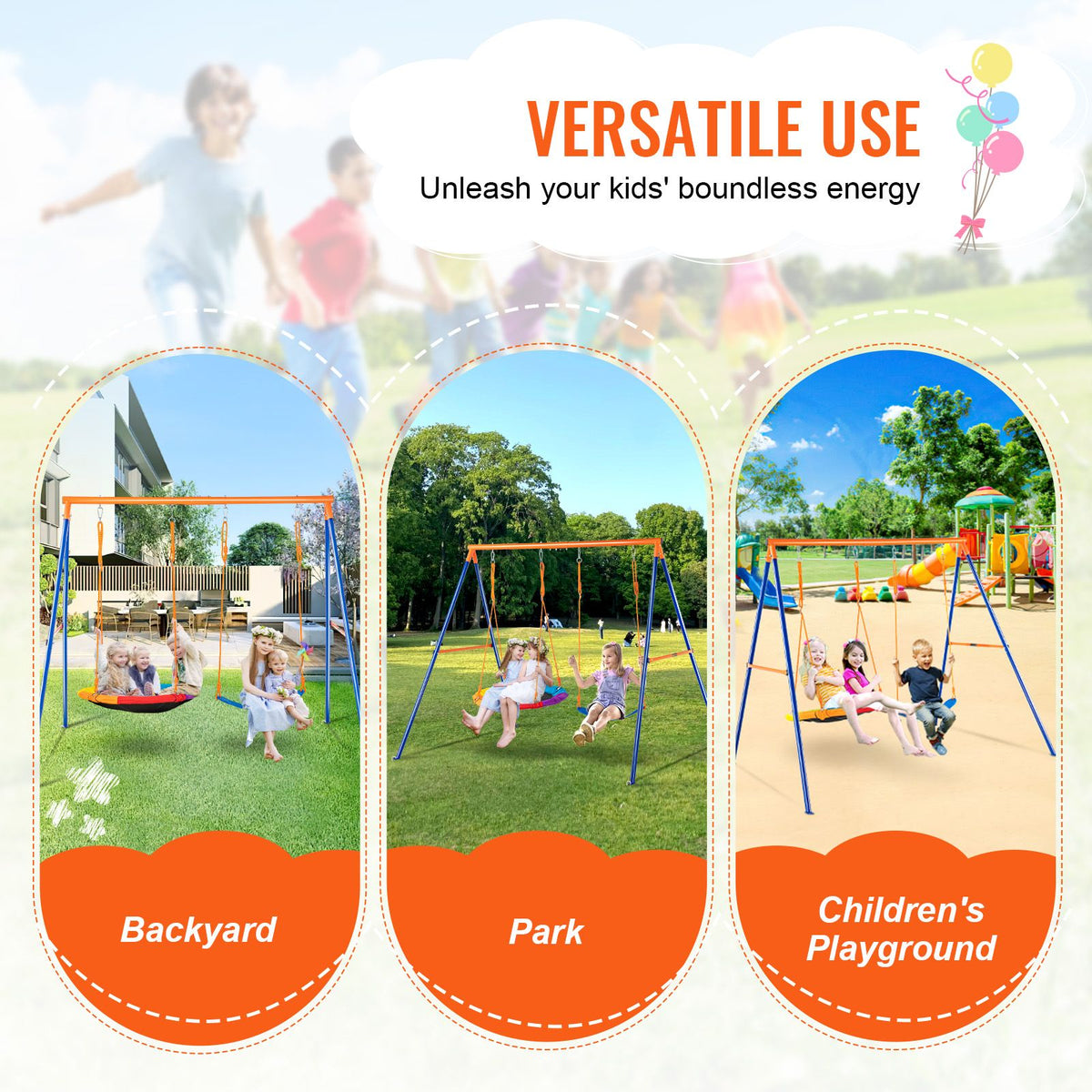 Swing Sets for Backyard, 440lbs Load Capacity Swing Set, with 1 Saucer Swing Seat, 1 Belt Swing Seat, Heavy Duty A-Frame Metal Swing Stand and Adjustable Rope, Swingset Outdoor for Kids