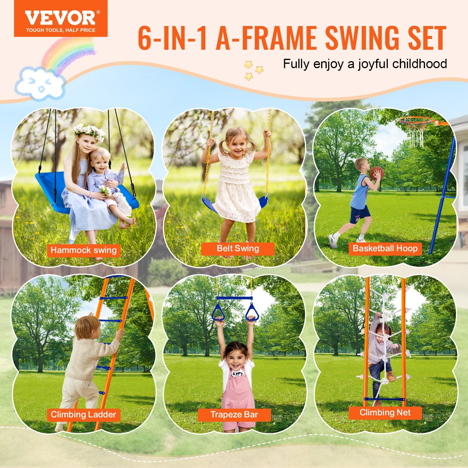 Outdoor Play Equipment: VEVOR Swing Sets for Backyard 6 in 1 Swing Set 440lbs Capacity Metal Swingset