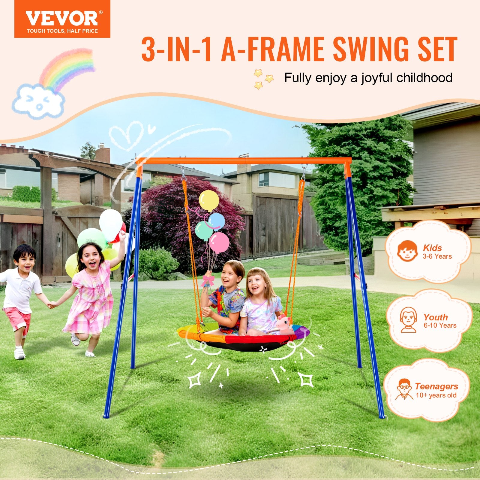 Outdoor Play Equipment: VEVOR Swing Sets for Backyard 40in Saucer Swing Seat A-Frame Metal Stand 440lbs