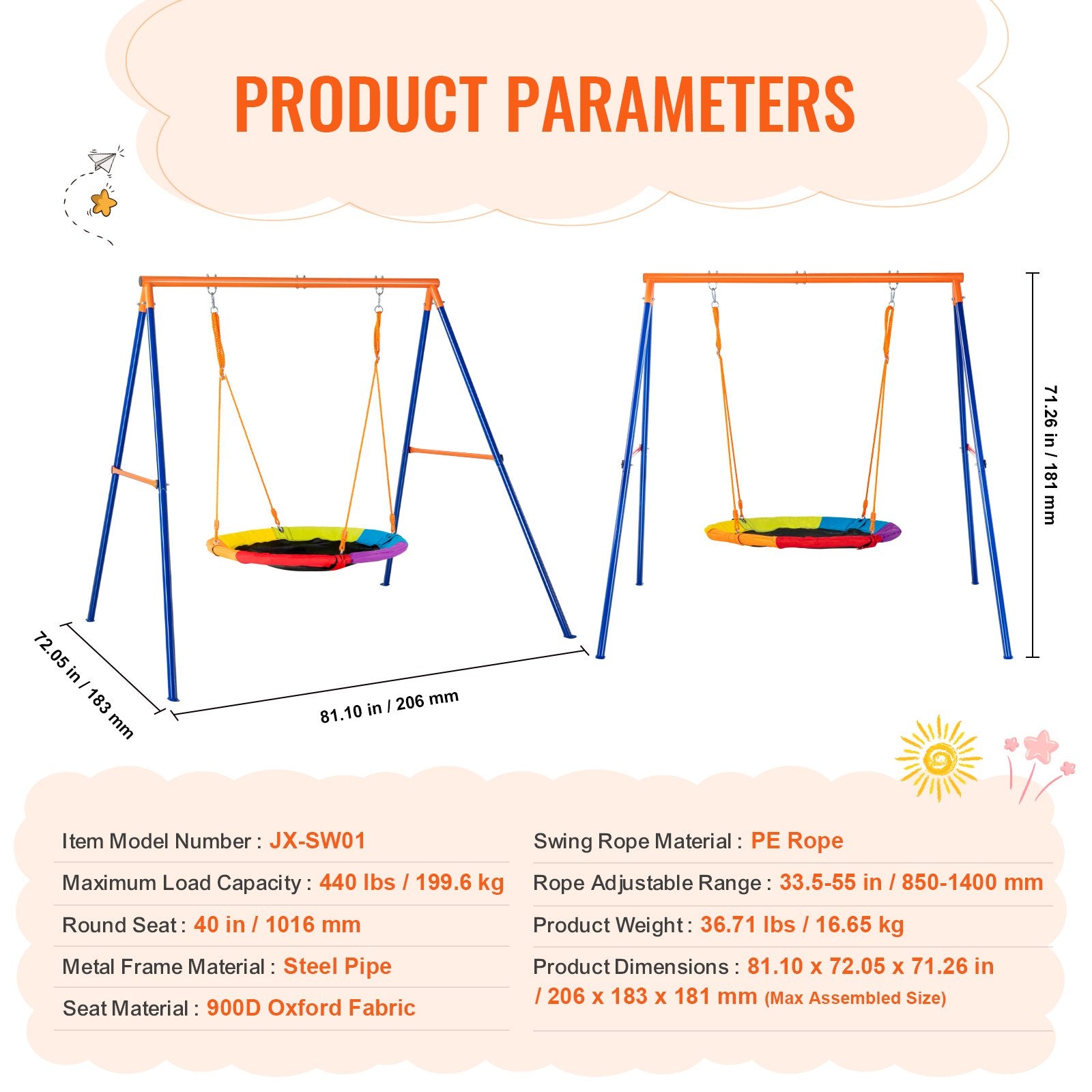 Outdoor Play Equipment: VEVOR Swing Sets for Backyard 40in Saucer Swing Seat A-Frame Metal Stand 440lbs