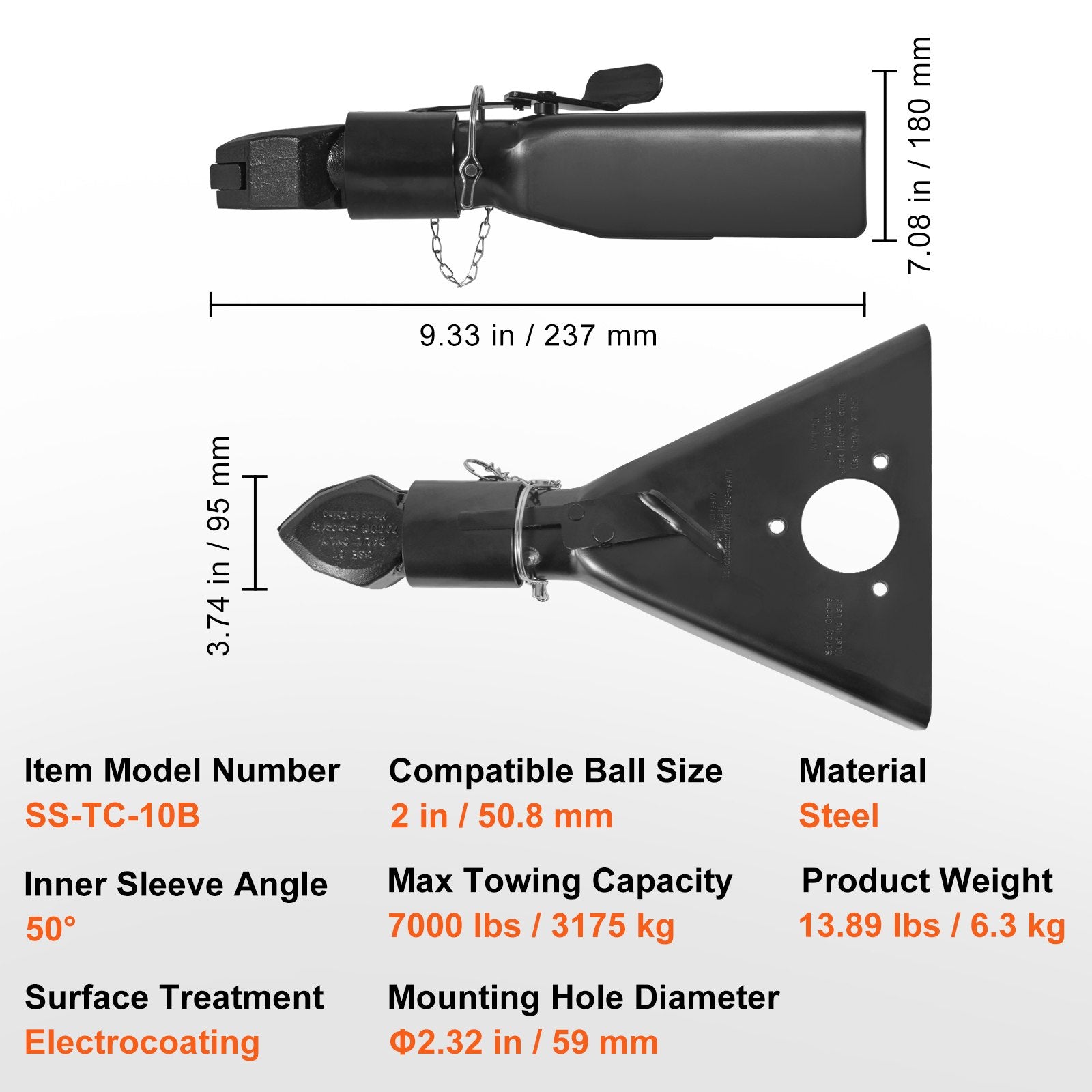 Automotive Parts: VEVOR A-Frame Trailer Coupler, Fits 2-Inch Hitch Ball Size, 7000 lbs Towing Capacity, Heavy Duty Steel Coupler, Ideal for Towing Station Wagons, Pickup Trucks, SUVs, Campers, Black Coating Surface