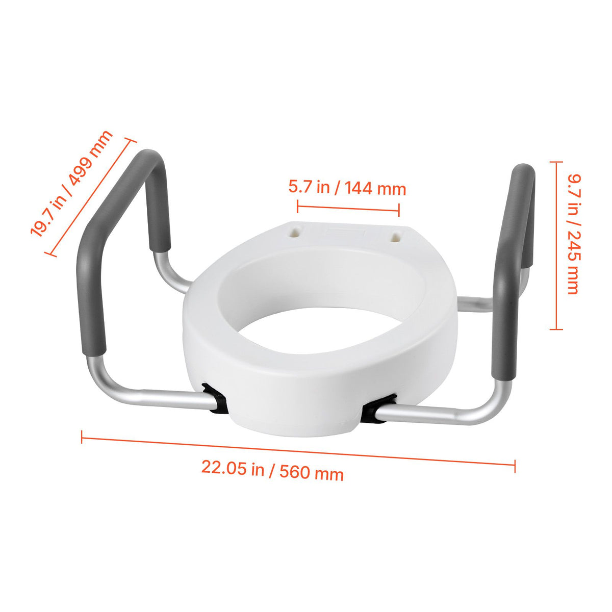 Raised Toilet Seat with Arms, 136.1 kg Load Capacity, 88.9 mm Lift Height, Widened Commode Elevated Toilet Seat Riser with Padded Handles for Seniors, Elderly, Handicap, Disabled, and Adults