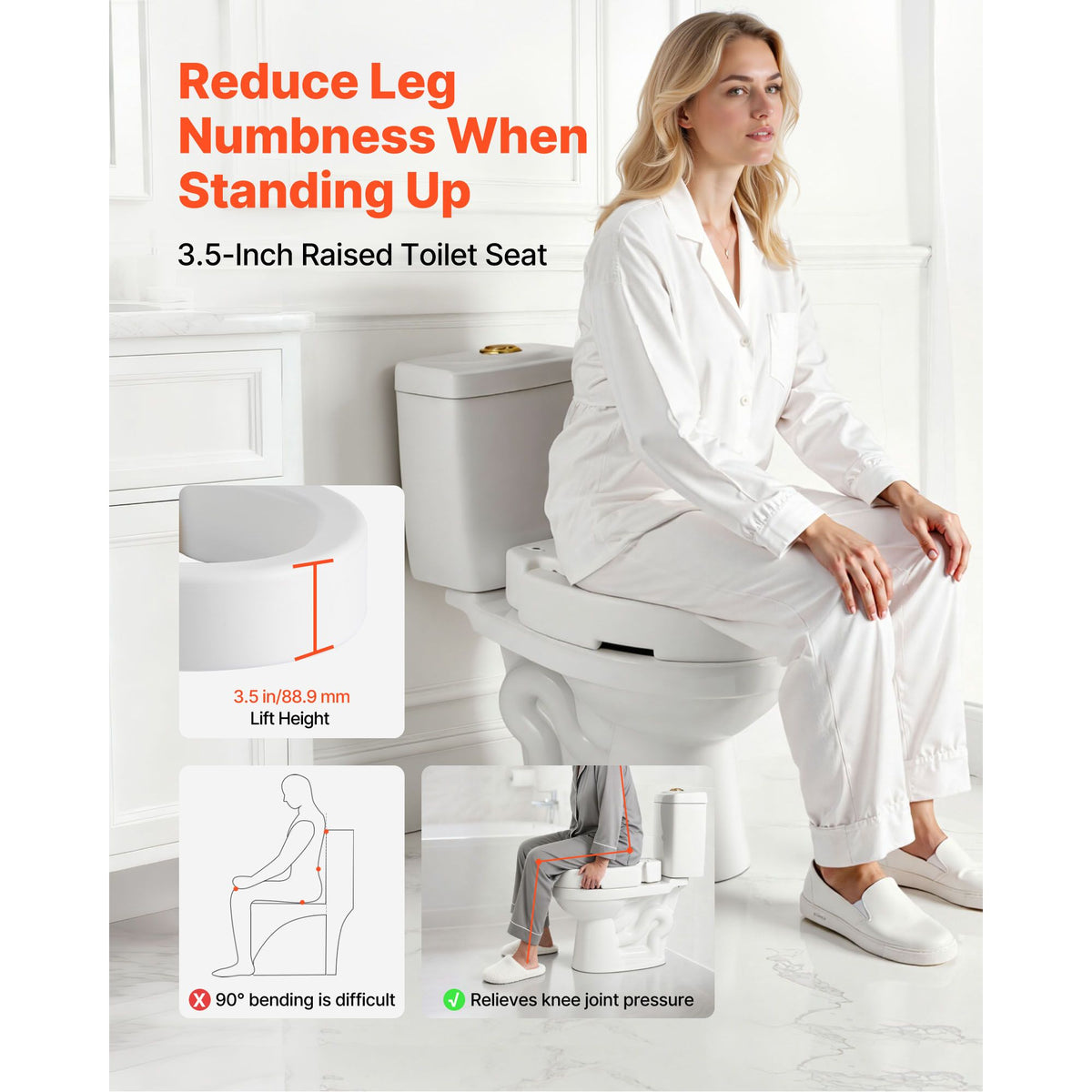 Raised Toilet Seat, 136.1 kg Load Capacity, 88.9 mm Lift Height, Commode Elevated Toilet Seat Riser with Enlarged Opening for Seniors, Elderly, Handicap, Disabled, Adults, Fits Elongated Bowl