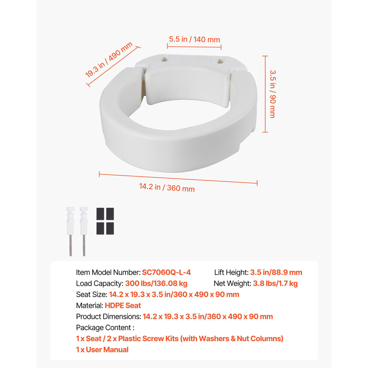 Raised Toilet Seat, 136.1 kg Load Capacity, 88.9 mm Lift Height, Commode Elevated Toilet Seat Riser with Enlarged Opening for Seniors, Elderly, Handicap, Disabled, Adults, Fits Elongated Bowl