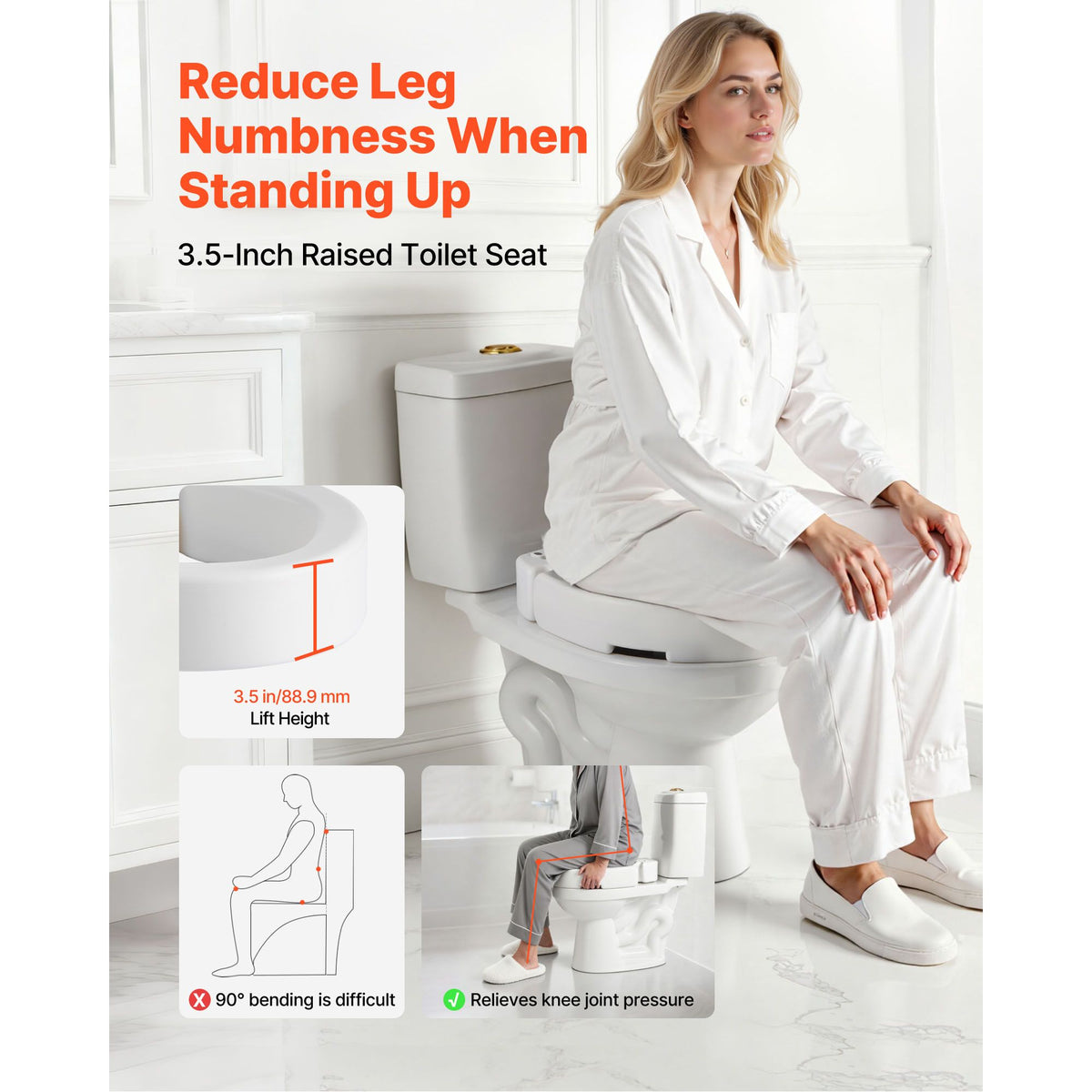 Raised Toilet Seat, 136.1 kg Load Capacity, 88.9 mm Lift Height, Commode Elevated Toilet Seat Riser with Enlarged Opening for Seniors, Elderly, Handicap, Disabled, and Adults, Fits Round Bowl