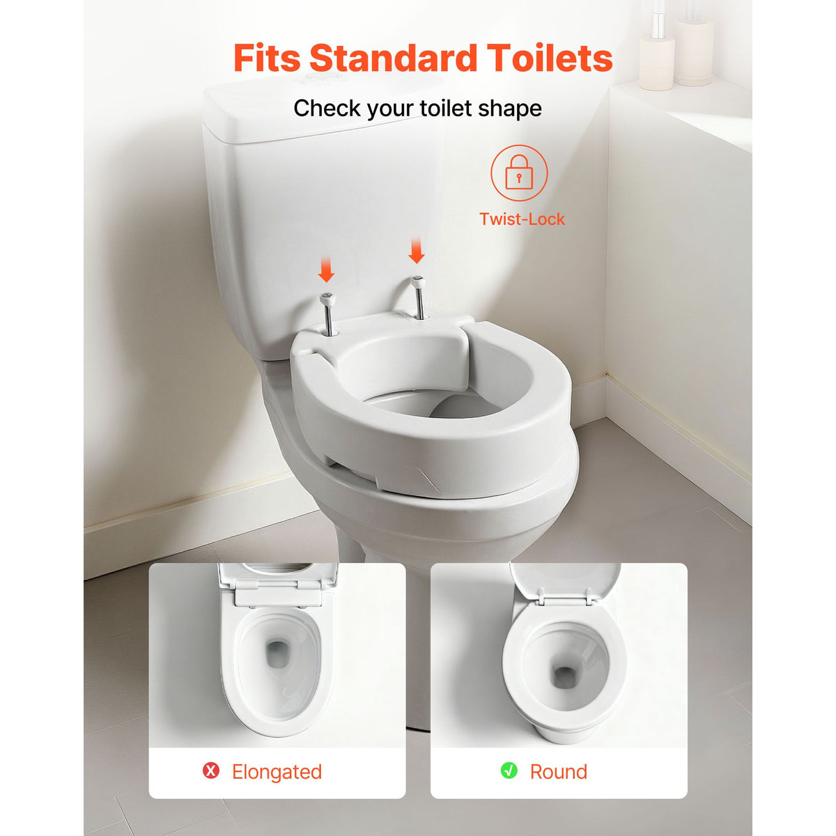 Raised Toilet Seat, 136.1 kg Load Capacity, 88.9 mm Lift Height, Commode Elevated Toilet Seat Riser with Enlarged Opening for Seniors, Elderly, Handicap, Disabled, and Adults, Fits Round Bowl