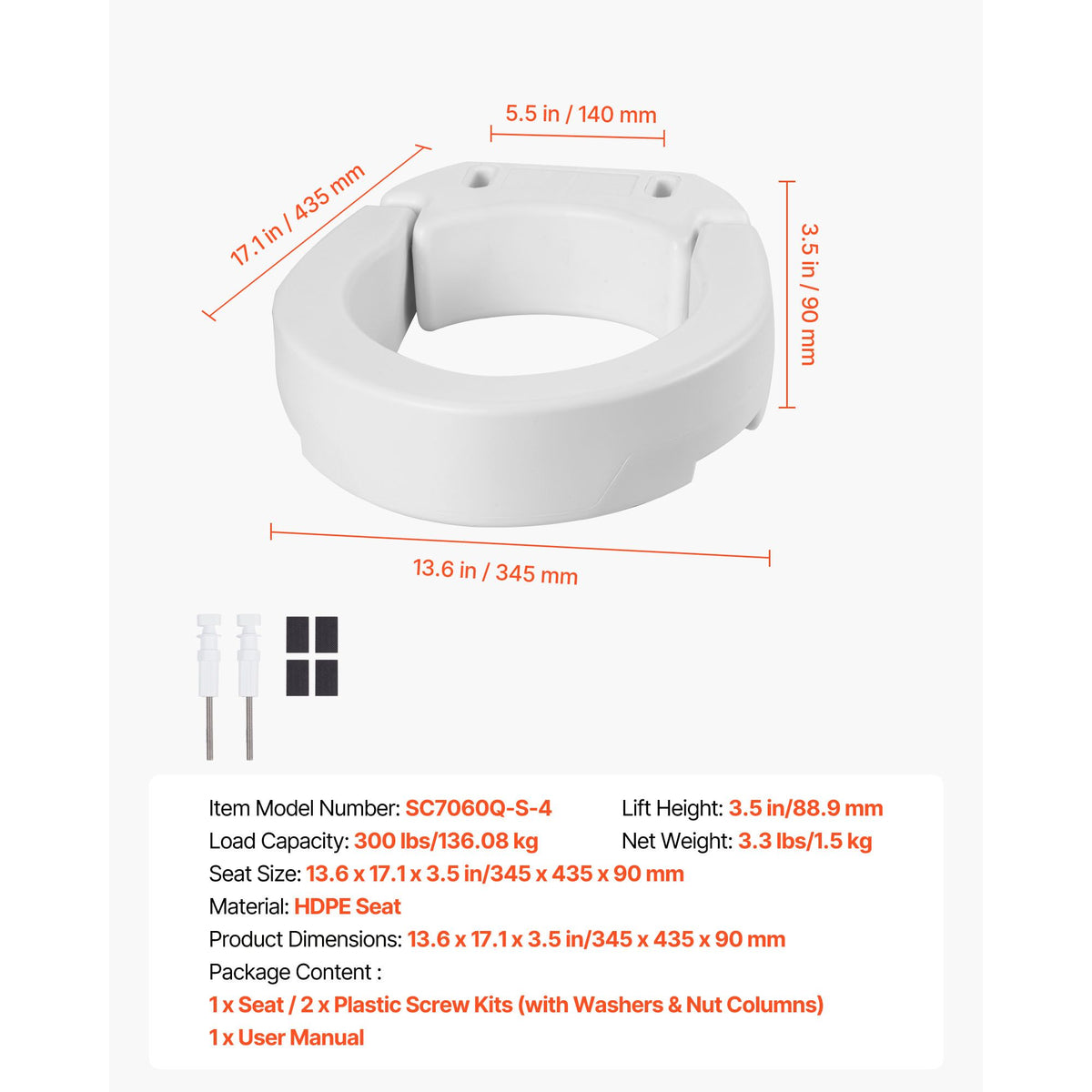 Raised Toilet Seat, 136.1 kg Load Capacity, 88.9 mm Lift Height, Commode Elevated Toilet Seat Riser with Enlarged Opening for Seniors, Elderly, Handicap, Disabled, and Adults, Fits Round Bowl