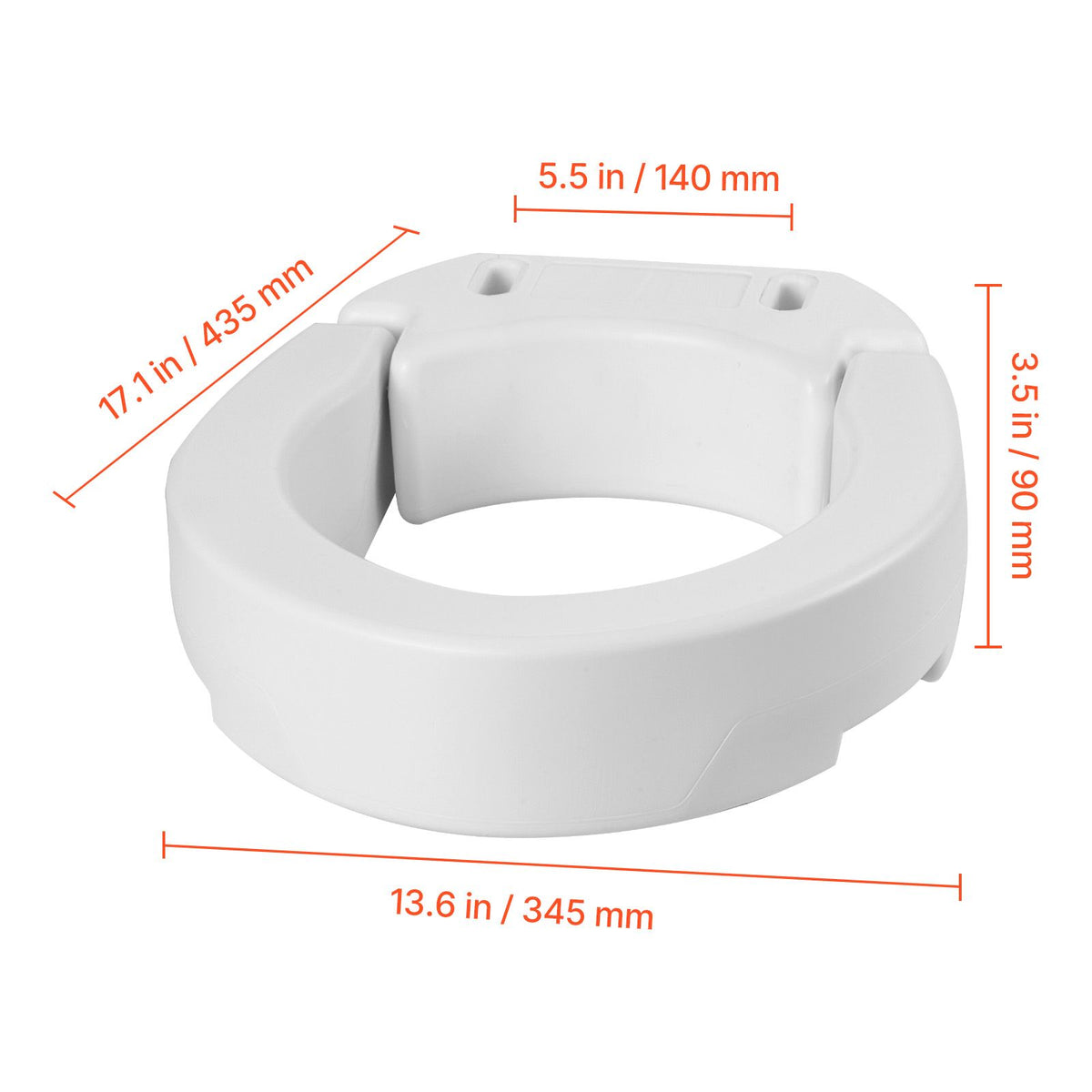 Raised Toilet Seat, 136.1 kg Load Capacity, 88.9 mm Lift Height, Commode Elevated Toilet Seat Riser with Enlarged Opening for Seniors, Elderly, Handicap, Disabled, and Adults, Fits Round Bowl